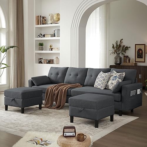 101" Sectional Sofa 4 Seat U Shaped Couch with Storage Ottoman for Living Room, Reception Room ect, Combination Sectional Couch with Movable Ottoman Sets, Darkgrey
