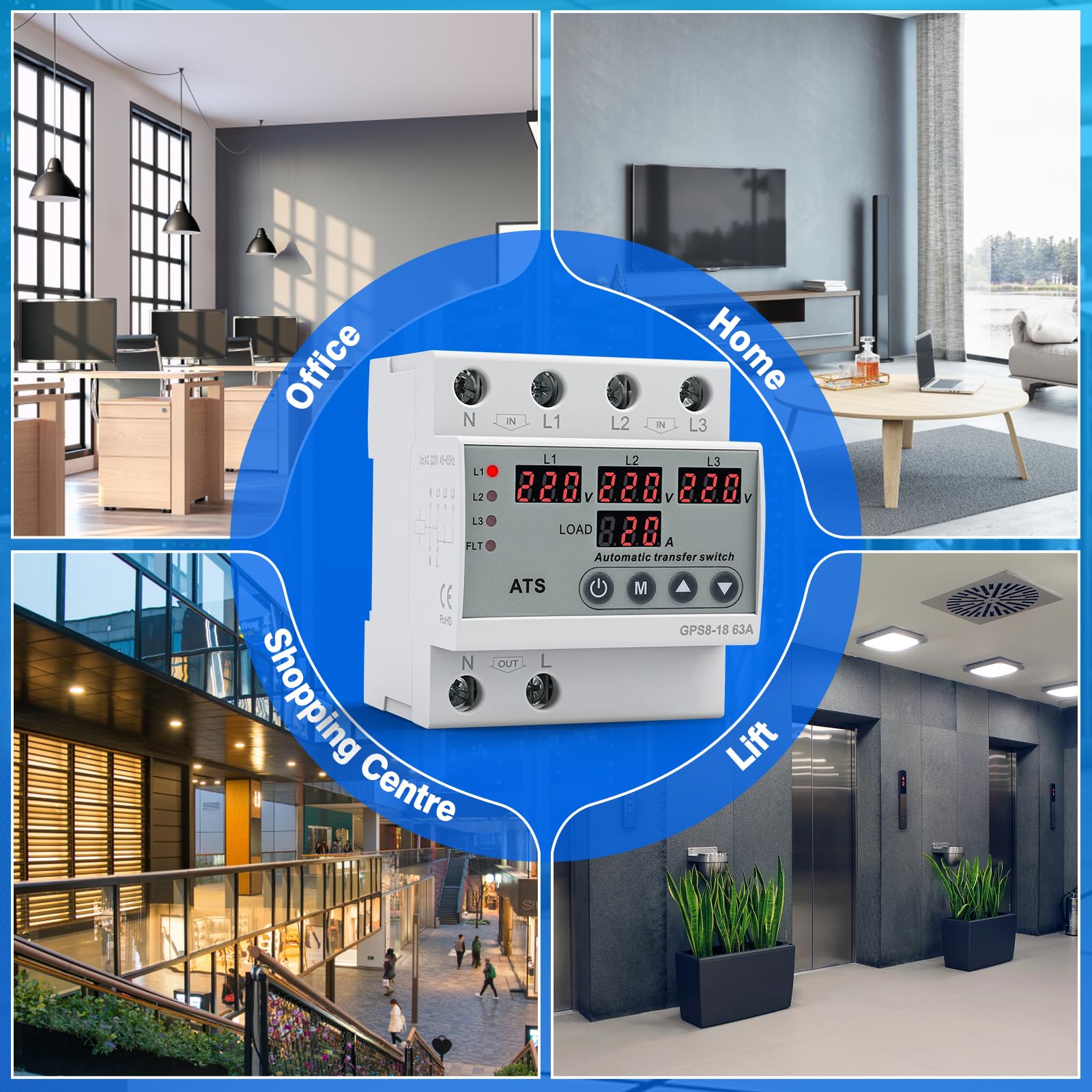 Interruttore di Trasferimento Automatico Trifase AC220V Commutatore 3 Posizioni Display Digitale LED Protezione da Sovratensione Sottotensione Sovracorrente per generatori fotovoltaici di rete GPS8-18