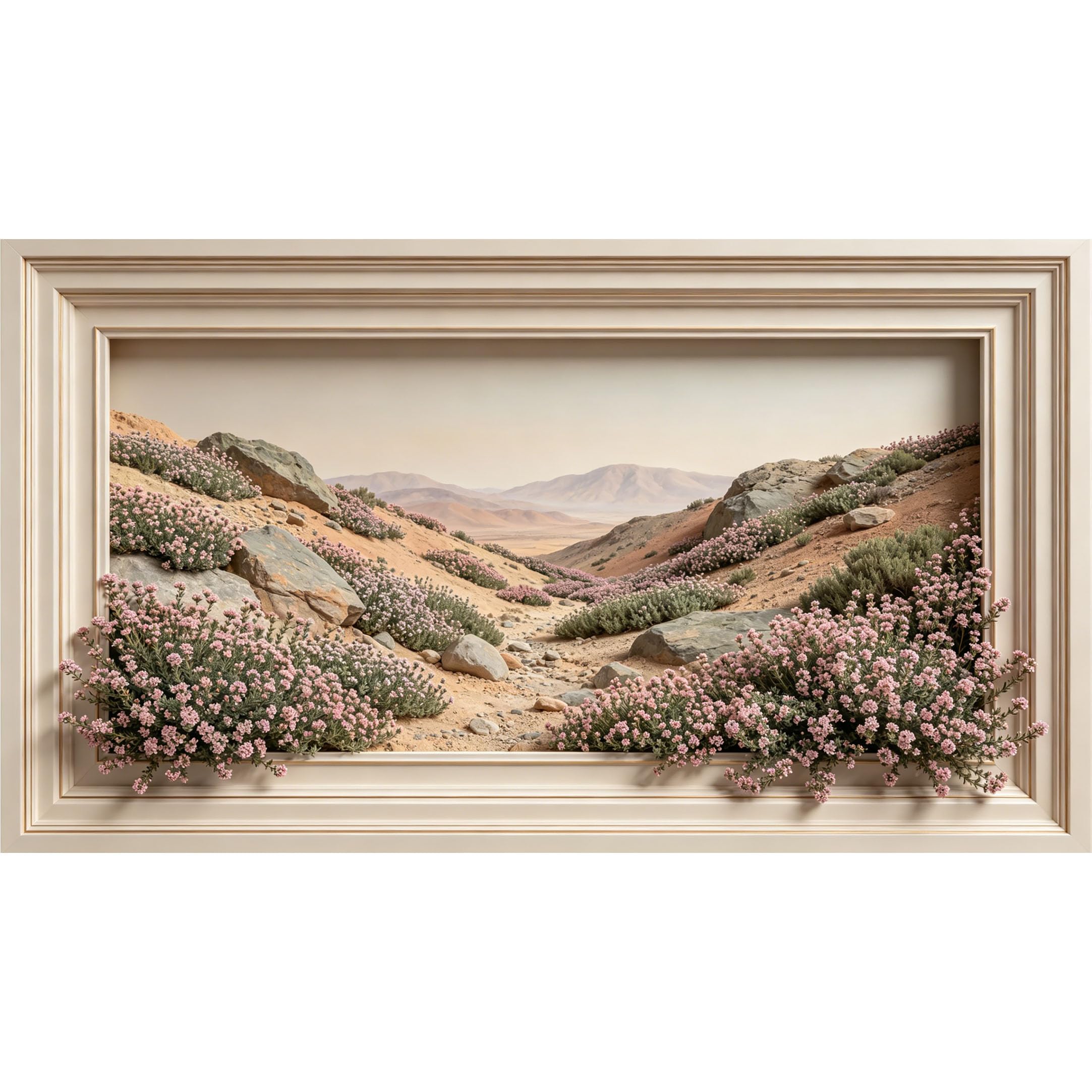 QZLITHOTIC 50×90cm3D Framed Wall Art， Desert Mountain Floral Landscape SelfAdhesive Mural， WaterActivated Peel & Stick Fabric Decor Wall Decal for Bedroom Living Room