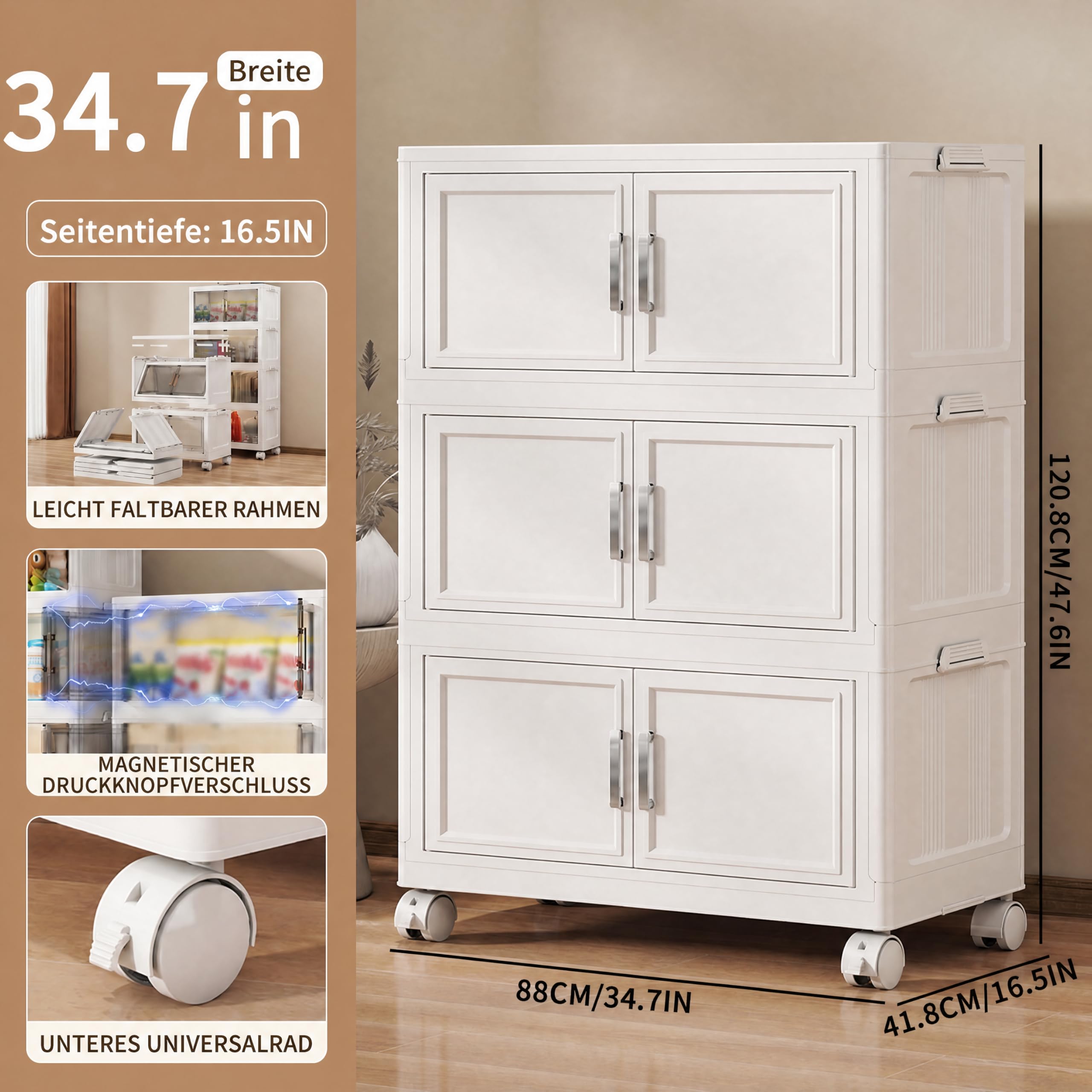 Scatole portaoggetti con coperchio, 3 x 120 l, in plastica con coperchio, impilabili con coperchio, grandi scatole pieghevoli, per camera da letto, soggiorno, bagno