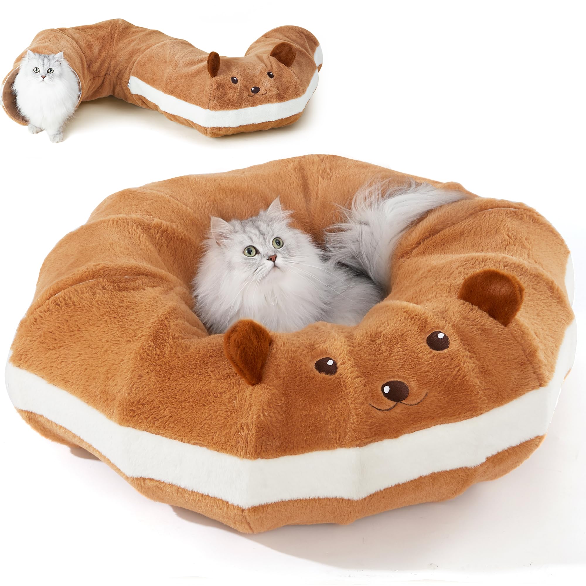 FUKUMARU Cat Tunnel Beds, Donuts Cats Tunnel Toys with Crinkle Paper Ears, Round Pet Playground Tunnel Toy for Kittens and Small Pets, Cat Hideway Interactive Toys, Collapsible and Washable