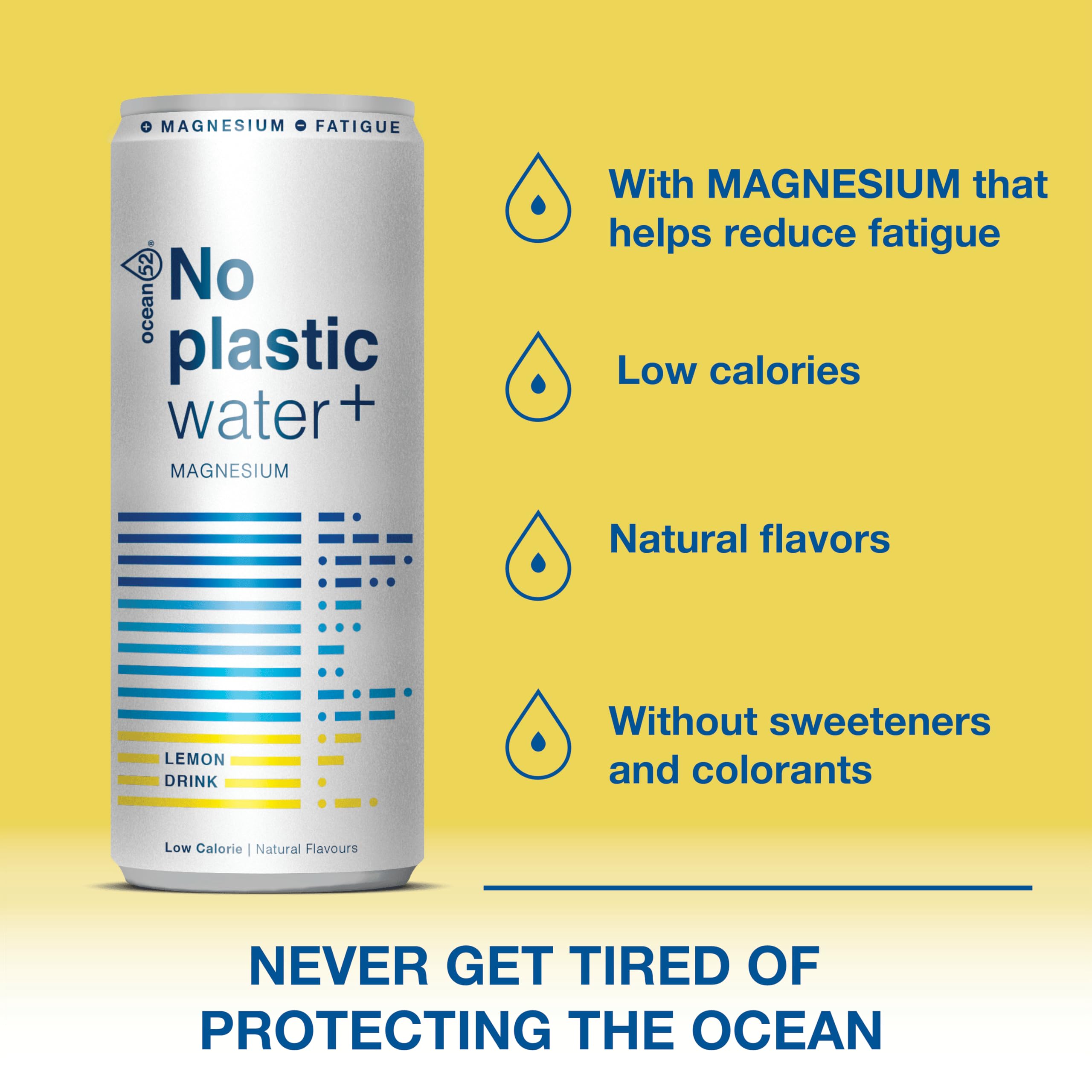 Agua en lata No Plastic Water de Ocean52. Agua Mineral Natural con Limón y Magnesio - Pack 24 unidades x 33cl. Agua en packs de 24 latas de 33cl. Agua mineral en lata x 24.