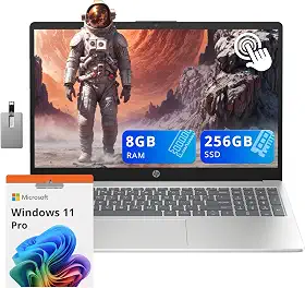 HP Laptop empresarial com tela sensível ao toque HD de 15,6 polegadas, Intel i3-1215U, RAM DDR4 de 8 GB, SSD PCIe de 256 GB, gráficos Intel UHD, teclado numérico, câmera HD 720p, Windows 11 Pro, prata