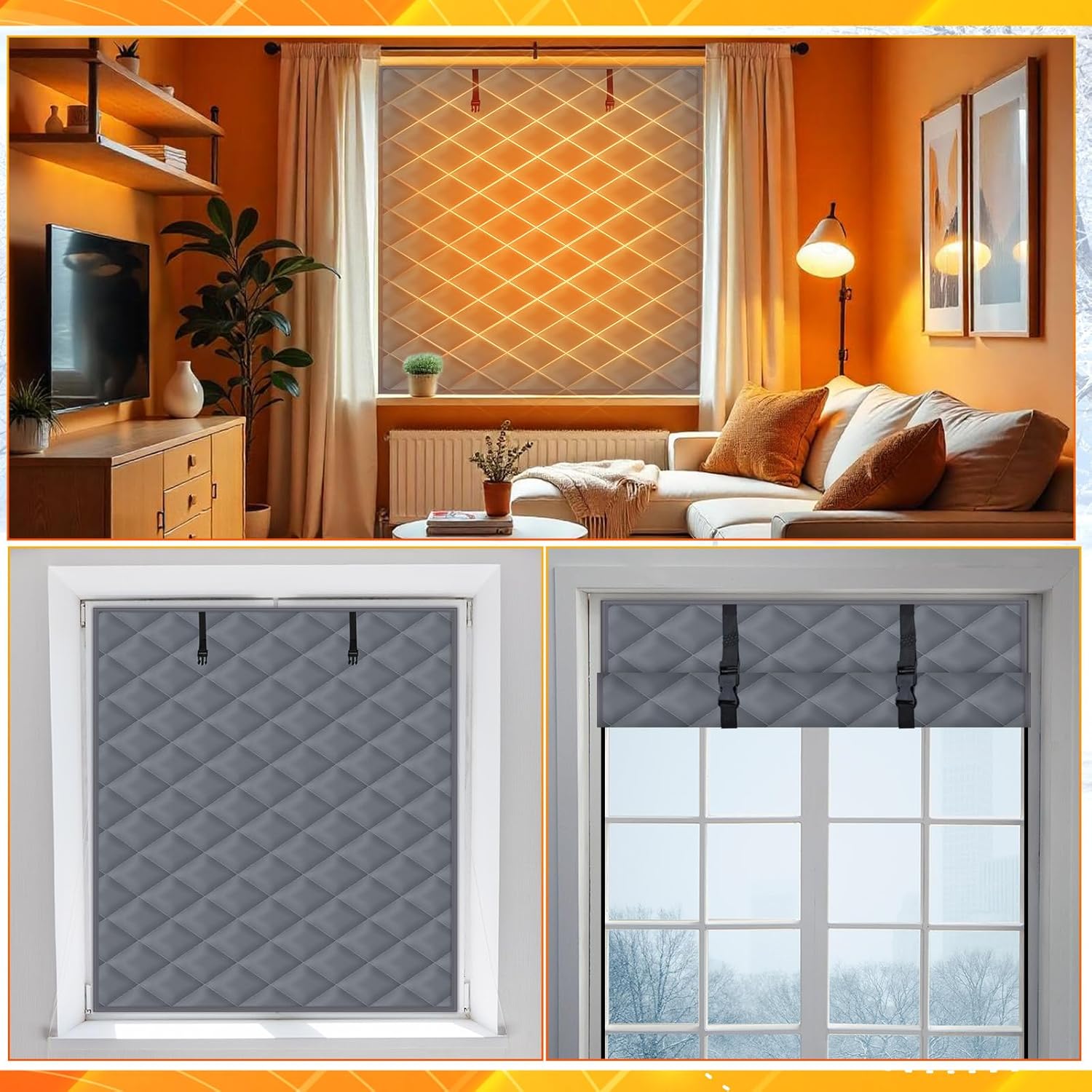 2 Pcs 63 x 39 Inches Window Insulation Curtain Kit Winter Thermal Window Cover with Fastener Oxford Cloth 2 Layer Thick Cotton Filled Loop Strips Insulation Kit for Keeping Warm (Dark Gray)