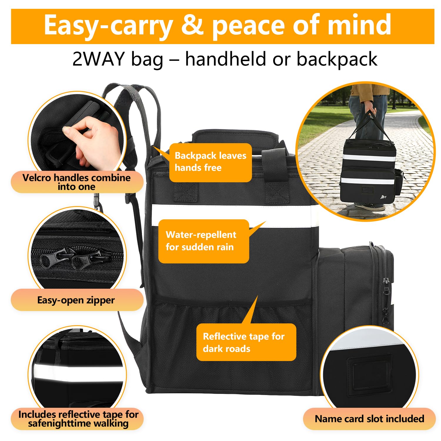 Borsa per la consegna del cibo, borsa termica termica in PVC con strisce riflettenti, trasportatore termico espandibile per cibo da asporto, cibo caldo e freddo, ristorante, Uber Eats Bag