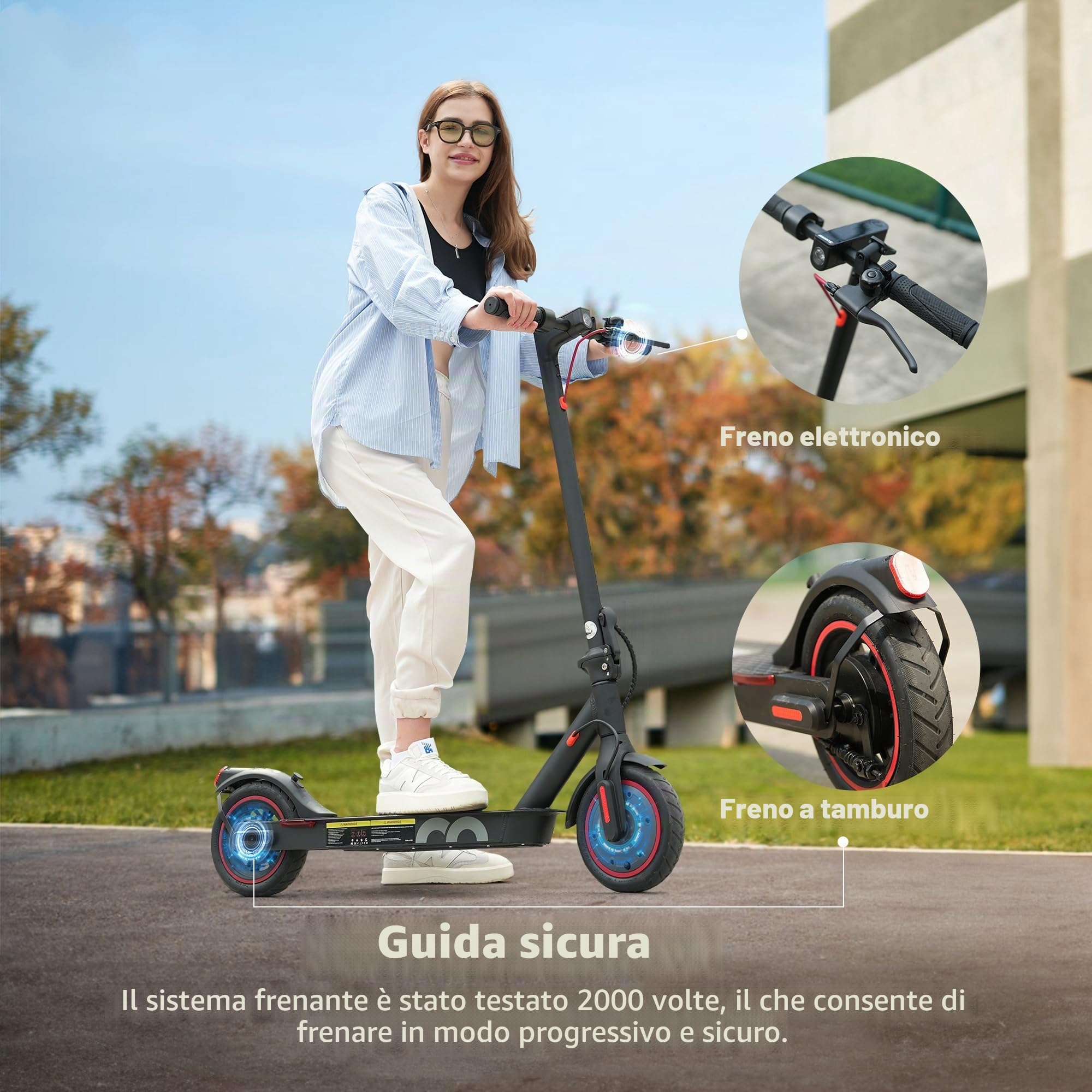 iScooter Monopattino elettrico pieghevole da 8,5" per adolescenti e adulti, motore da 35O, autonomia 30 km, max 25 km/h, carico 100 kg, frenata doppia, 3 modalità di eloquità, viaggi giornalieri