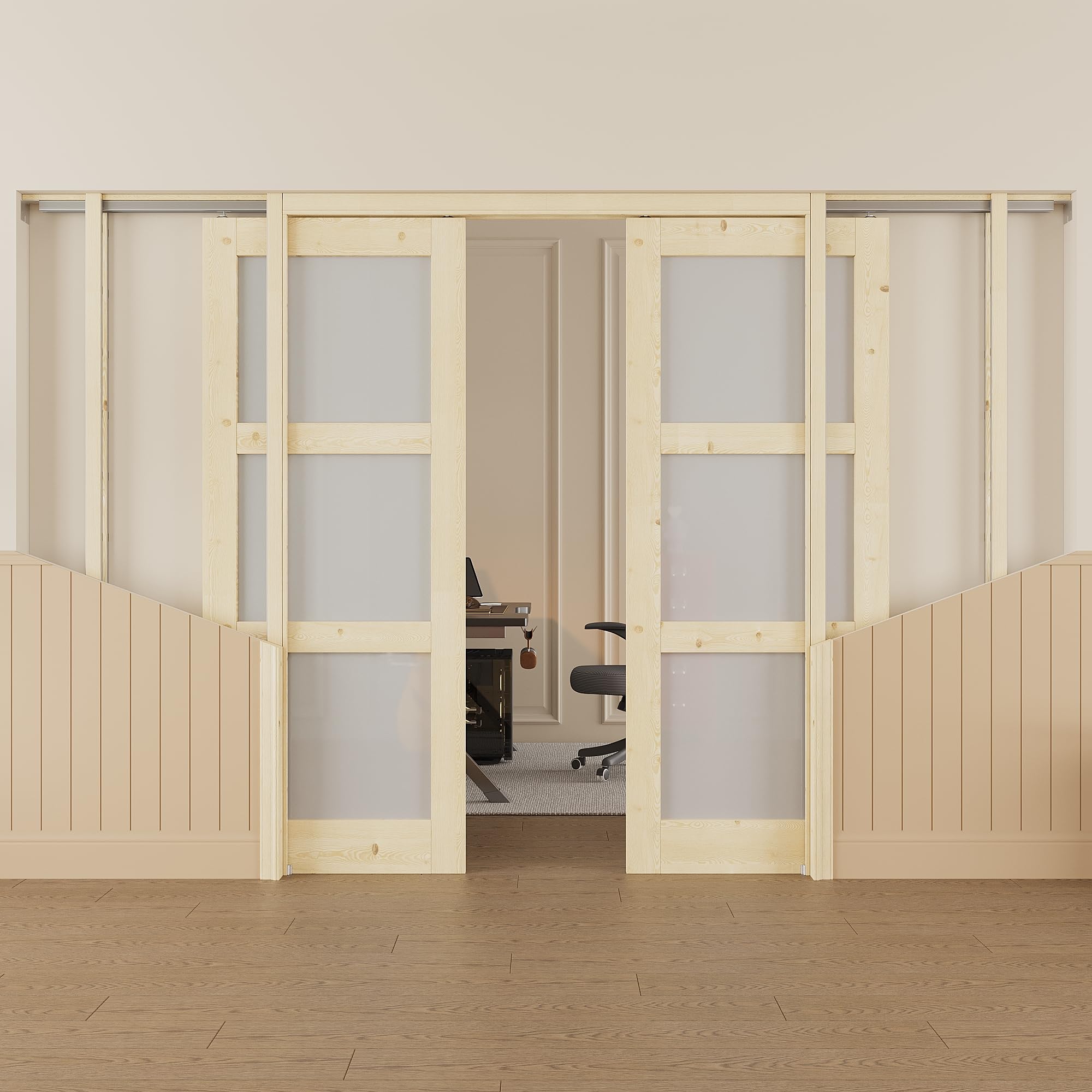 60x80 Sliding Double Pocket Door,3 Lite Frosted Glass Doors,French Door