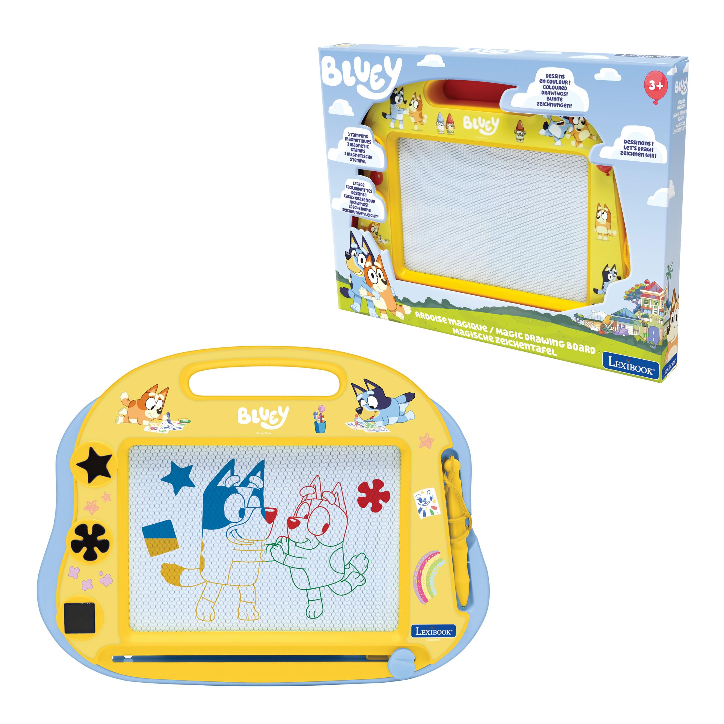 LEXIBOOK, Bluey, Multicolor Magnetic Drawing Board, Artistic Toy for Children with Stylus and Stamps, Yellow/Blue, CRBY550