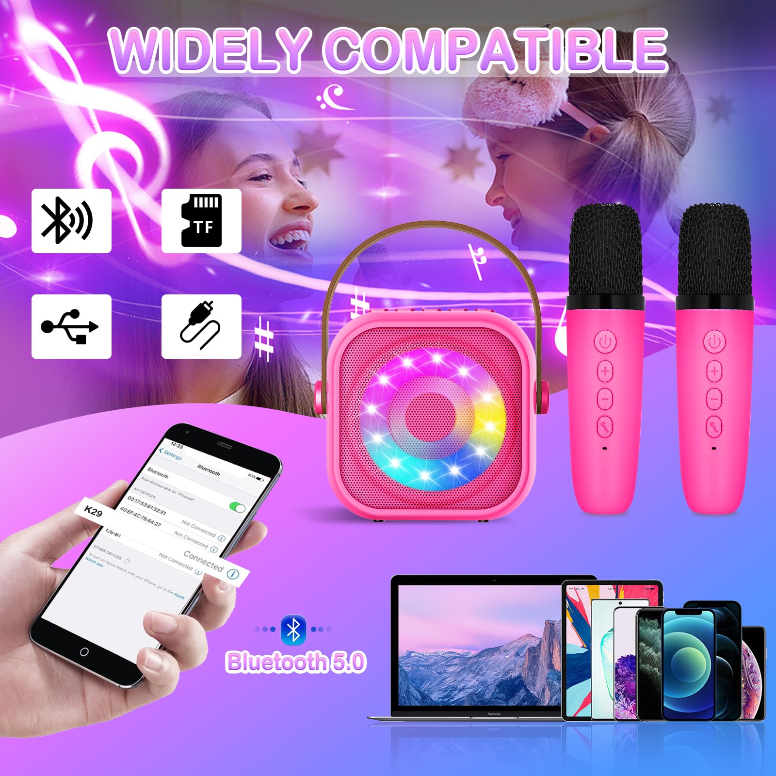 Karaoke per Bambini con 2 Microfoni, Microfono Bambini con Luce LED, Macchina Karaoke Portatile Microfono Wireless con Effetti di Cambio Voce, Giocattoli Elettronici Regali per Bambini da 3 a 18 anni