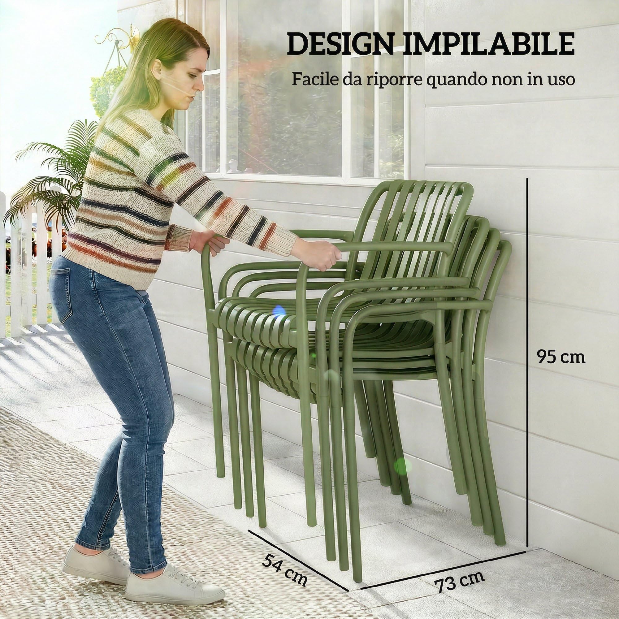 Outsunny Set 4 Sedie da Giardino Impilabili in PP Anti UV, Sedie per Esterno con Schienale Ergonomico, 55x58.5x81.5 cm, Verde