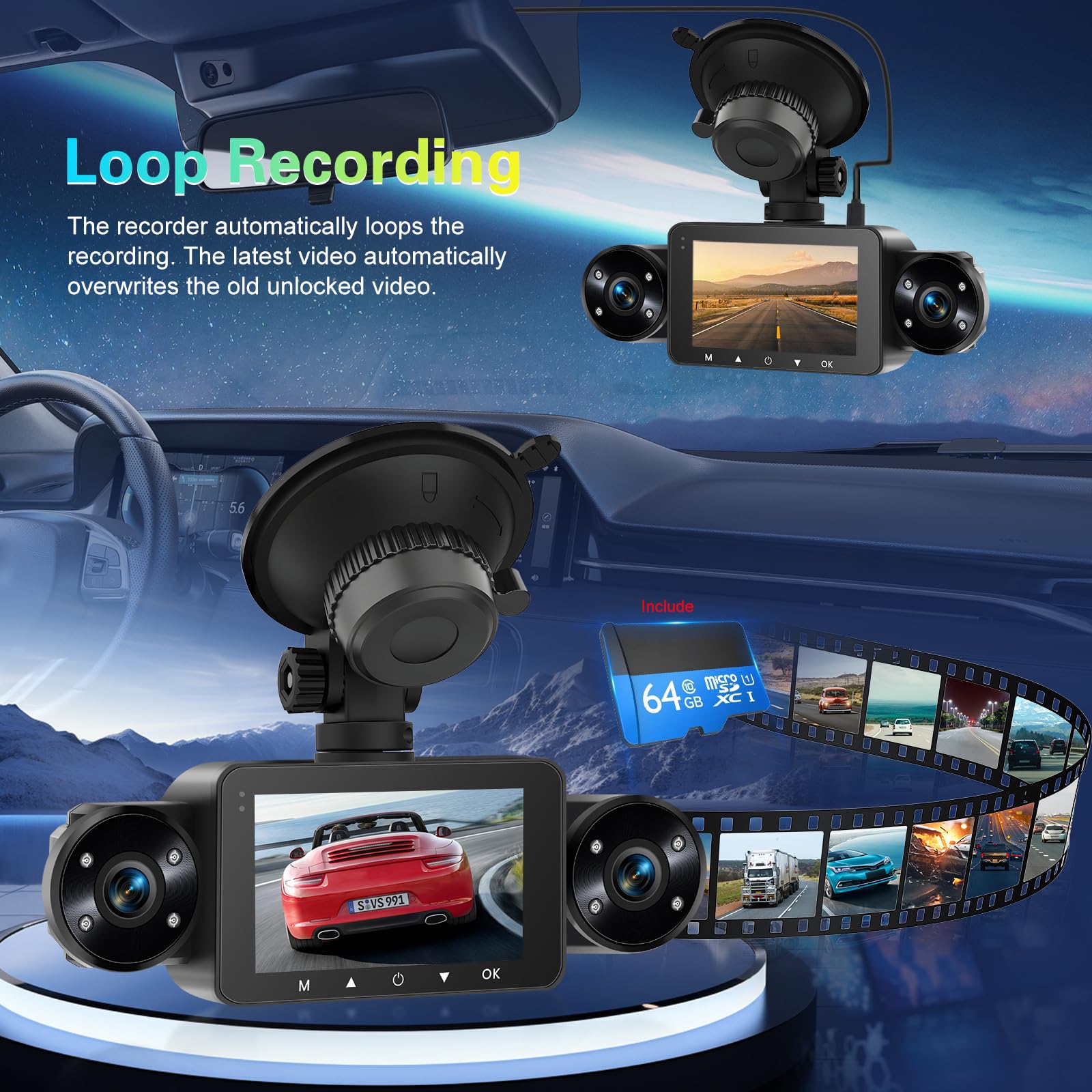 Dash CAM Delantera y Trasera en El Interior, Dash CAM de 4 Canales Pantalla IPS de 3" Delantera y Trasera con Sensor-G, Estacionamiento Las 24H, Visión Nocturna, Grabación en Bucle +Tarjeta de 64 GB