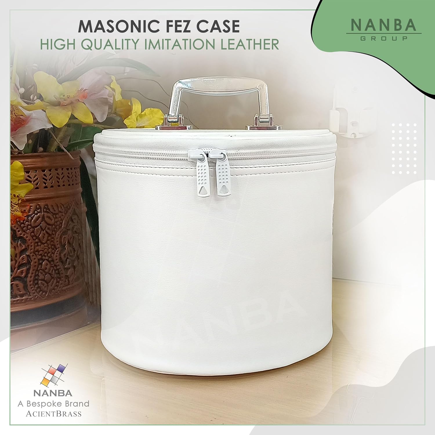 Deluxe Masonic Fez Case White with Chrome Handle – Durable Imitation Leather Fez Storage Case for Freemasons – Travel-Friendly Storage with Secure Protection