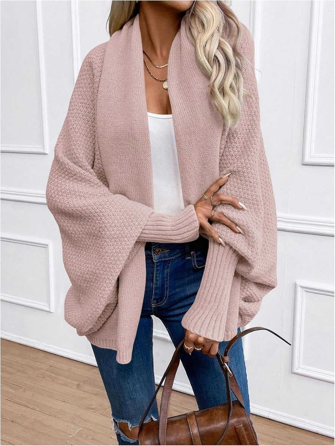 MakeMeChic Women's Casual Open Front Long Sleeve Chunky Knit Cardigans Sweaters Outerwear Coats Pink Large - Image 5