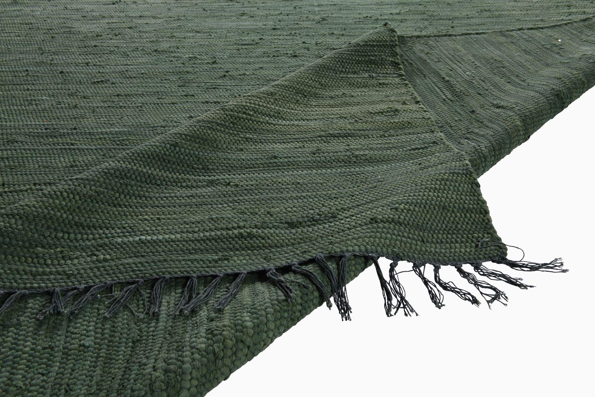 Theko Dhurry | Fleckerl | Flachgewebe-Teppich aus 100% Baumwolle; handgewebt, waschbar, beidseitig verwendbar | 90 x 160 cm; Dunkelgrün | Happy Cotton