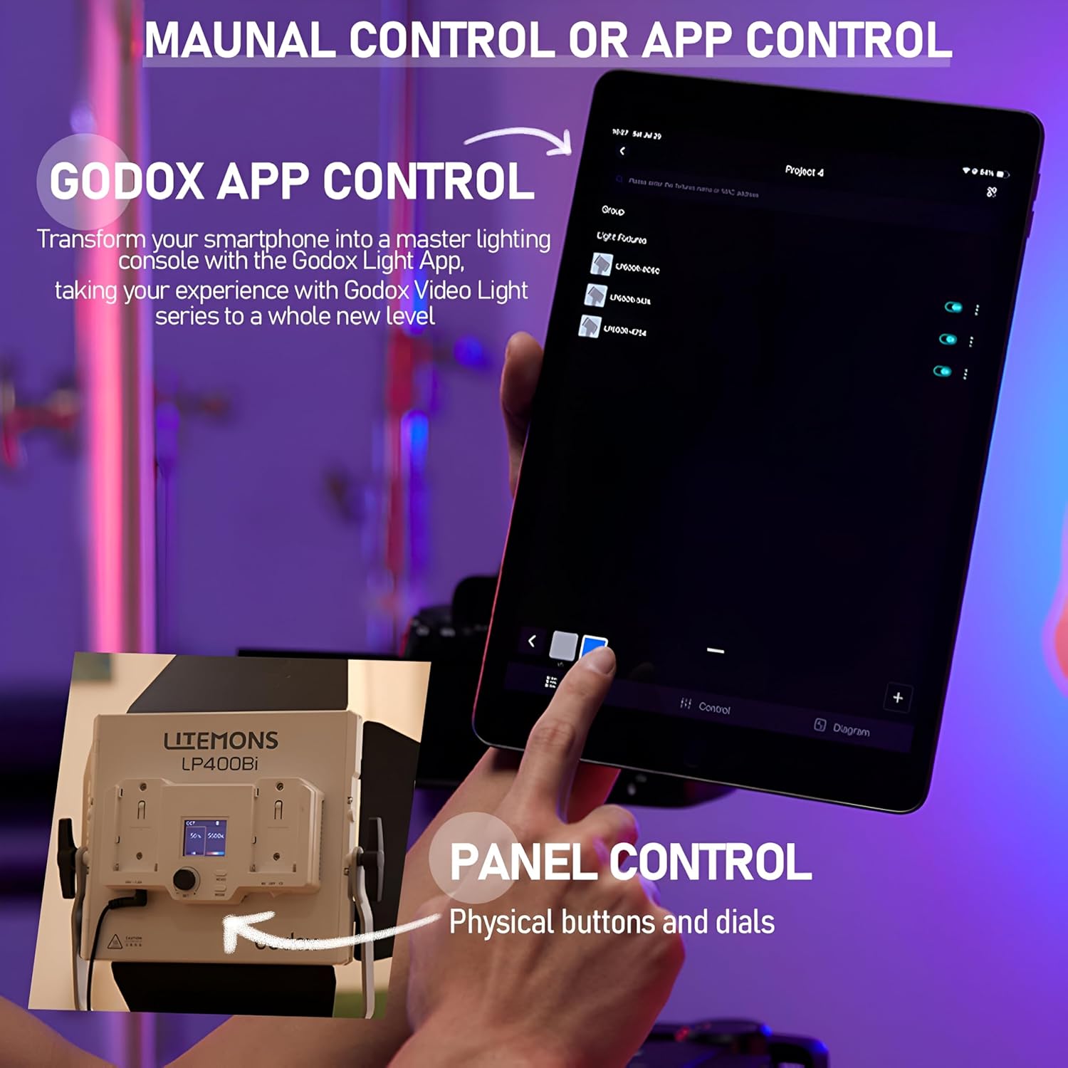 Diagram illustrating dual power options for the Godox Litemons LP600R: outdoor use with NPF batteries and indoor use with the included power adapter.