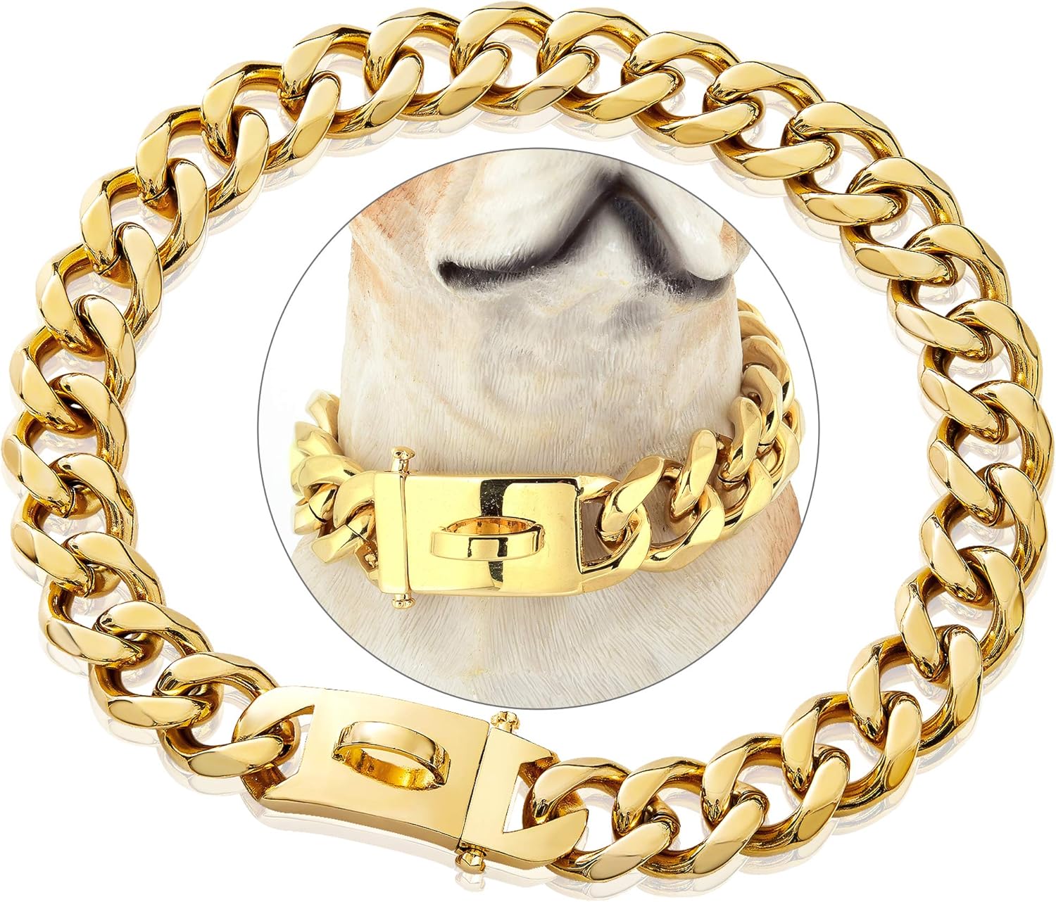 PRADOG Gold Chain Dog Collar Designer Dog Cuban Link Chain Collar with Safty Design Buckle 19mm Metal Stainless Steel Walking Collar(19MM, 14")