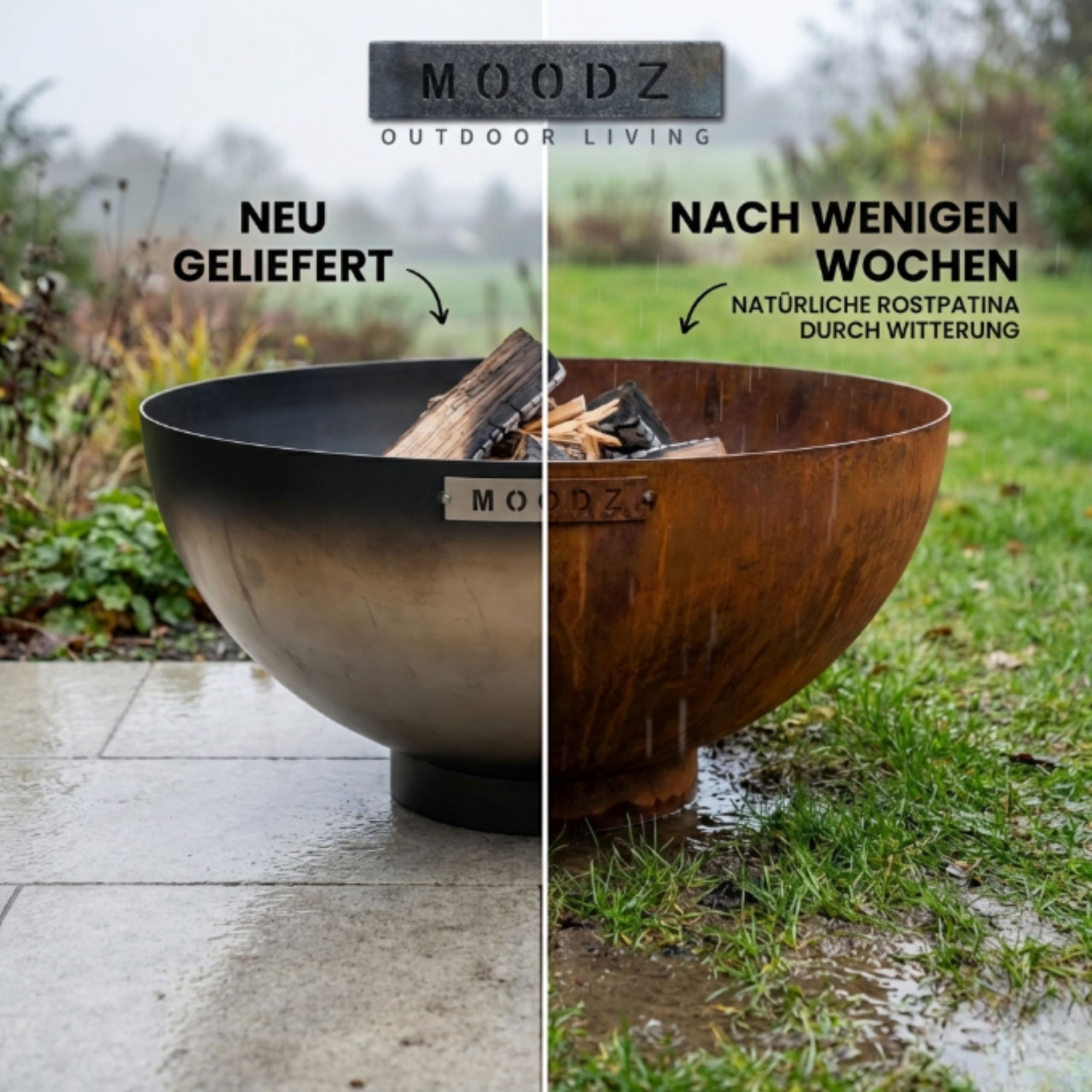 MOODZ Feuerstelle Dome – Hochwertige Feuerschale 80 cm aus 3mm Cortenstahl – Robuste Gartenfeuerstelle für Draußen – Witterungsbeständig & Langlebig – Design Outdoor Feuerkorb