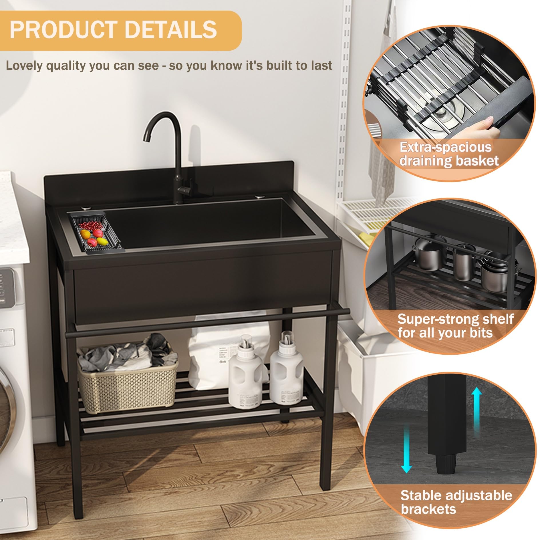 Fregadero Exterior Jardin, Mueble pila Lavadero, Fregaderos de Cocina 1 Senos de Acero Inoxidable, Fregadero Negro con Grifo y Escurridor, Limpieza Fácil, para Baño, Restaurante, Lavandería(86x51x94cm