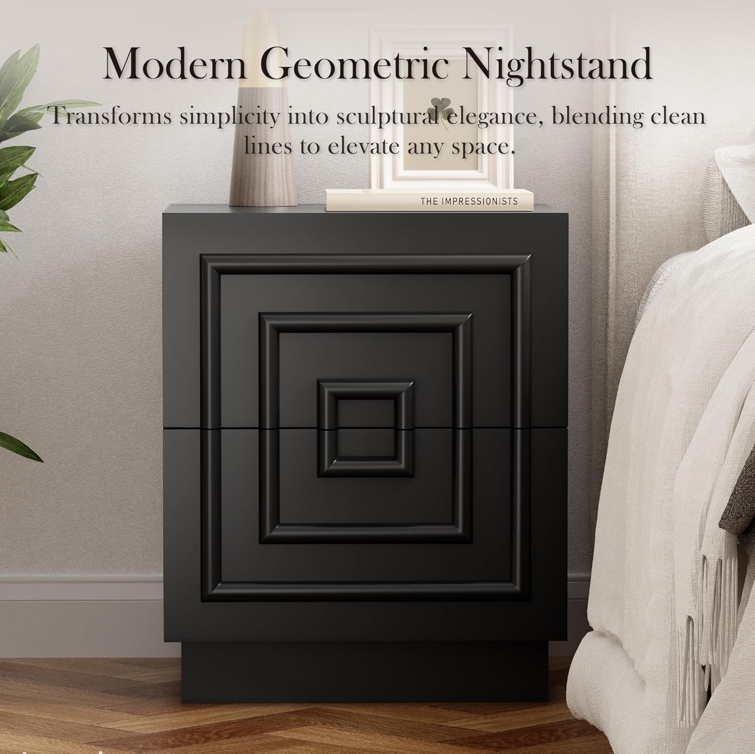 Modern 2-Drawer Nightstand, Sculptural Rustic Nightstand with Geometric Square Pattern, Contemporary Accent End Table, Black