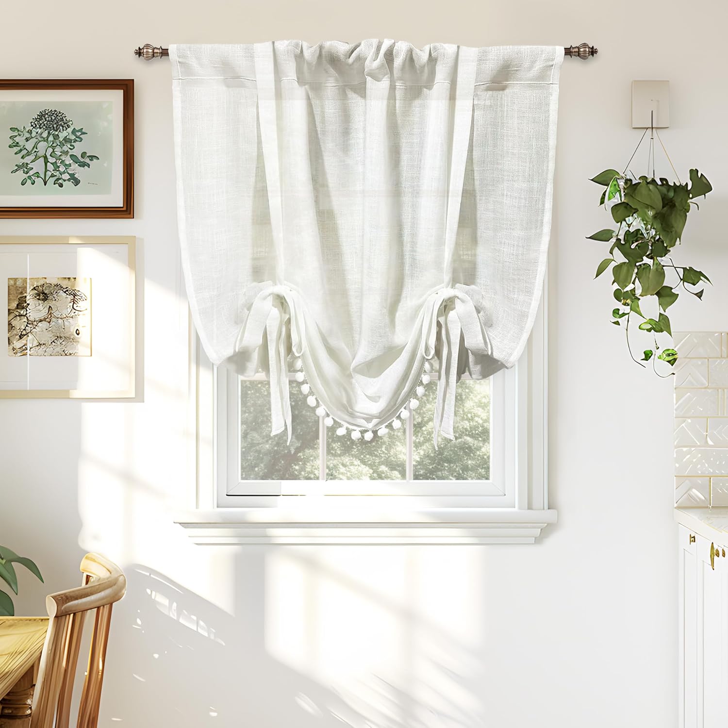 DriftAway Solid Color Linen Sheer Voile Tie Up Decorative Linen Textured Curtains Adjustable Balloon Curtains Rod Pocket Roman Slub Sheer Curtain with Pom Pom Trim 39 Inch by 55 Inch White