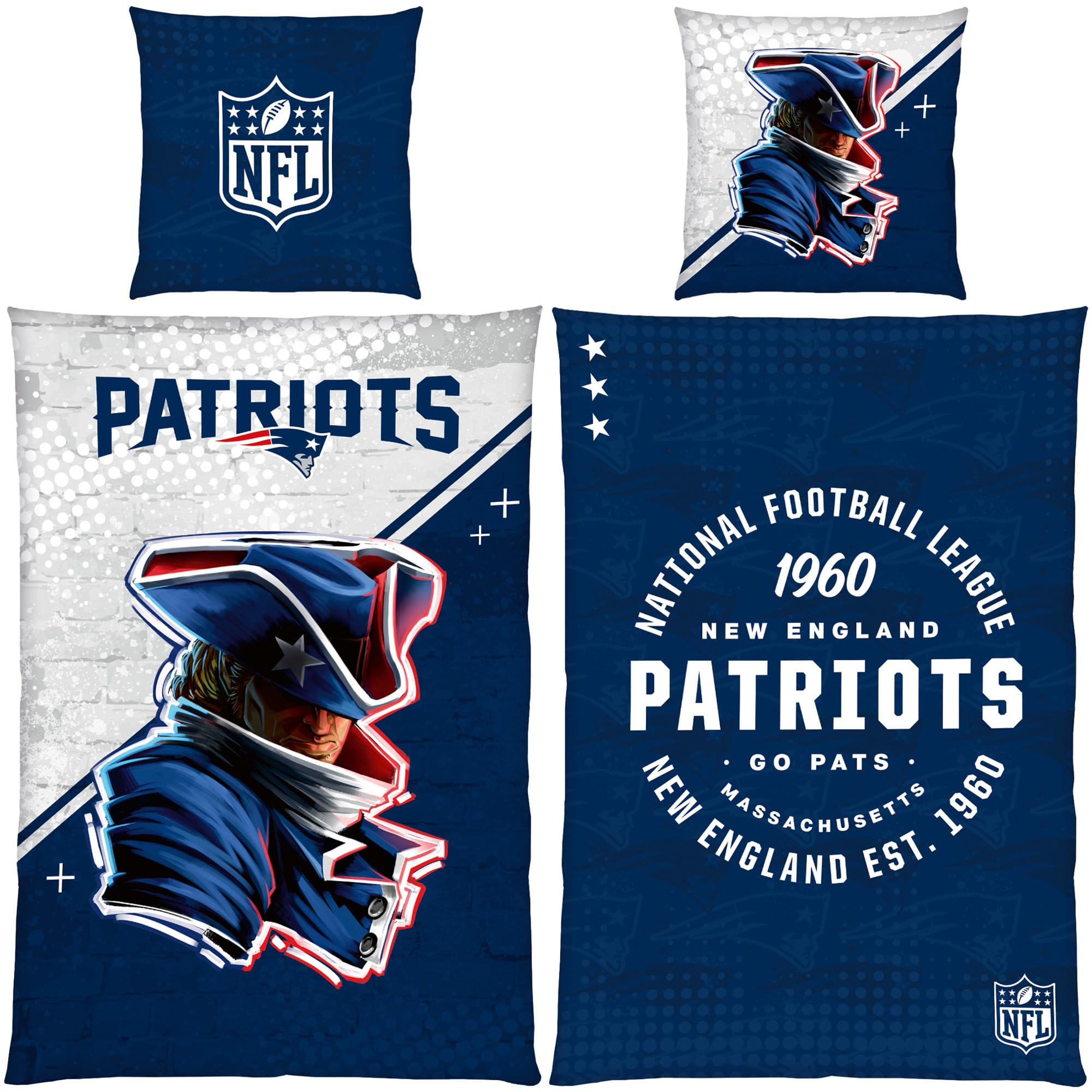 NFL New England Patriots Go Pats komplet pościeli 135 x 200 cm + 80 x 80 cm, 100% bawełna, Renforcé Linon, zestaw dwustronnej pościeli YKK, zamek błyskawiczny YKK