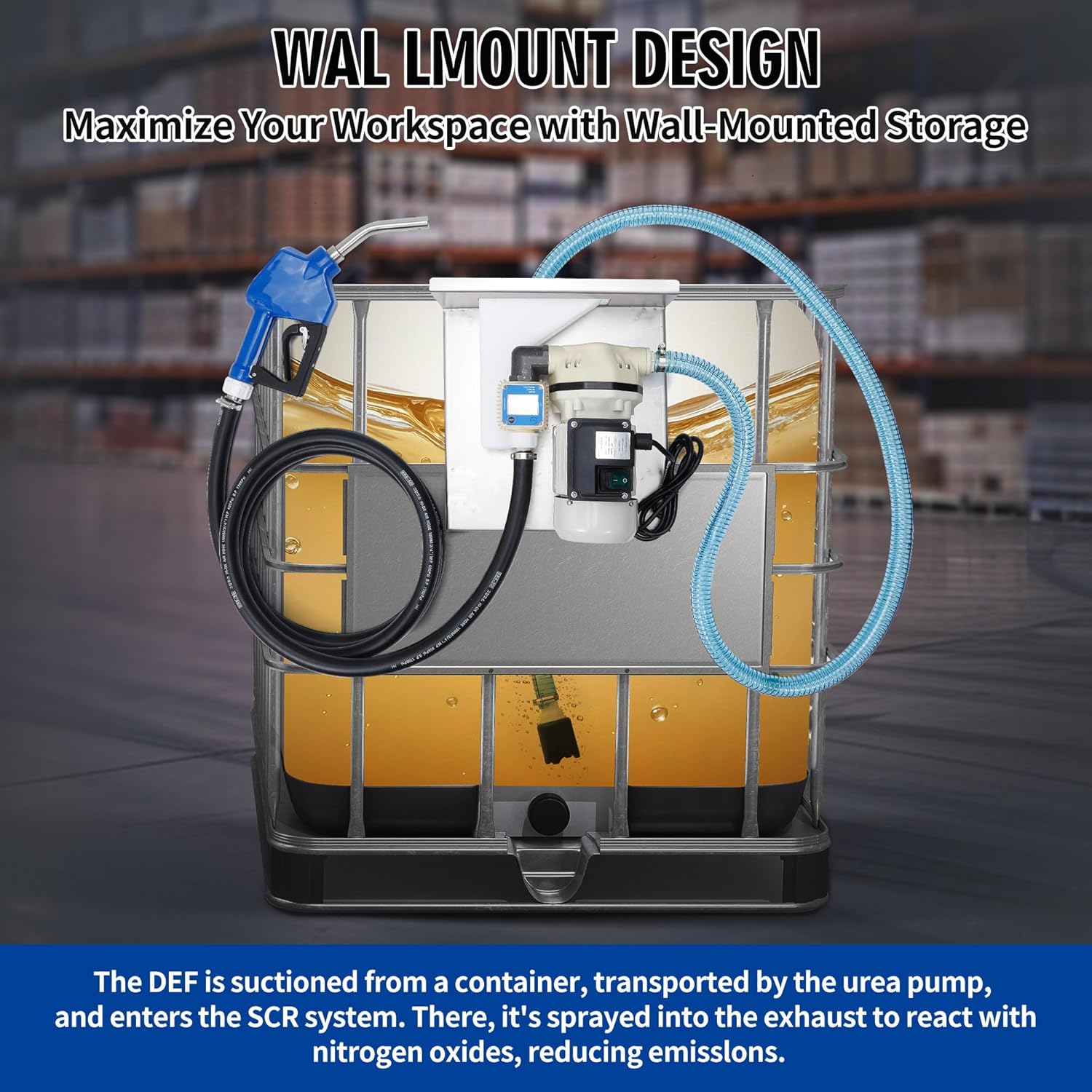 DEF Pump Kit 110V Electric DEF Transfer Pump – 10GPM/40LPM with Wall-Mounted Brackets、K24 External Thread Flowmeter, 20' Hose, Auto Nozzle & Connect Fittings, Urea Diesel Exhaust Fluid System