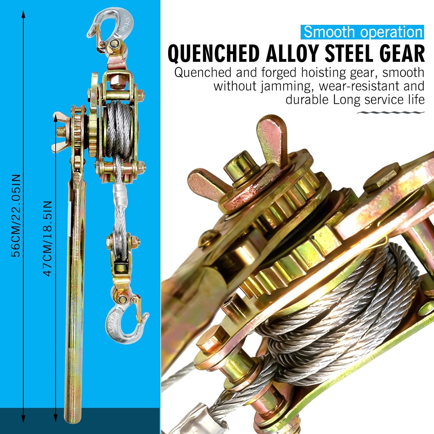 Come Along Winch with Cable Grip 2 Ton (4400LB), Heavy Duty Hand Puller 7.87Ft,2 Hooks, Ratchet Puller for Lifting Pulling Construction Building