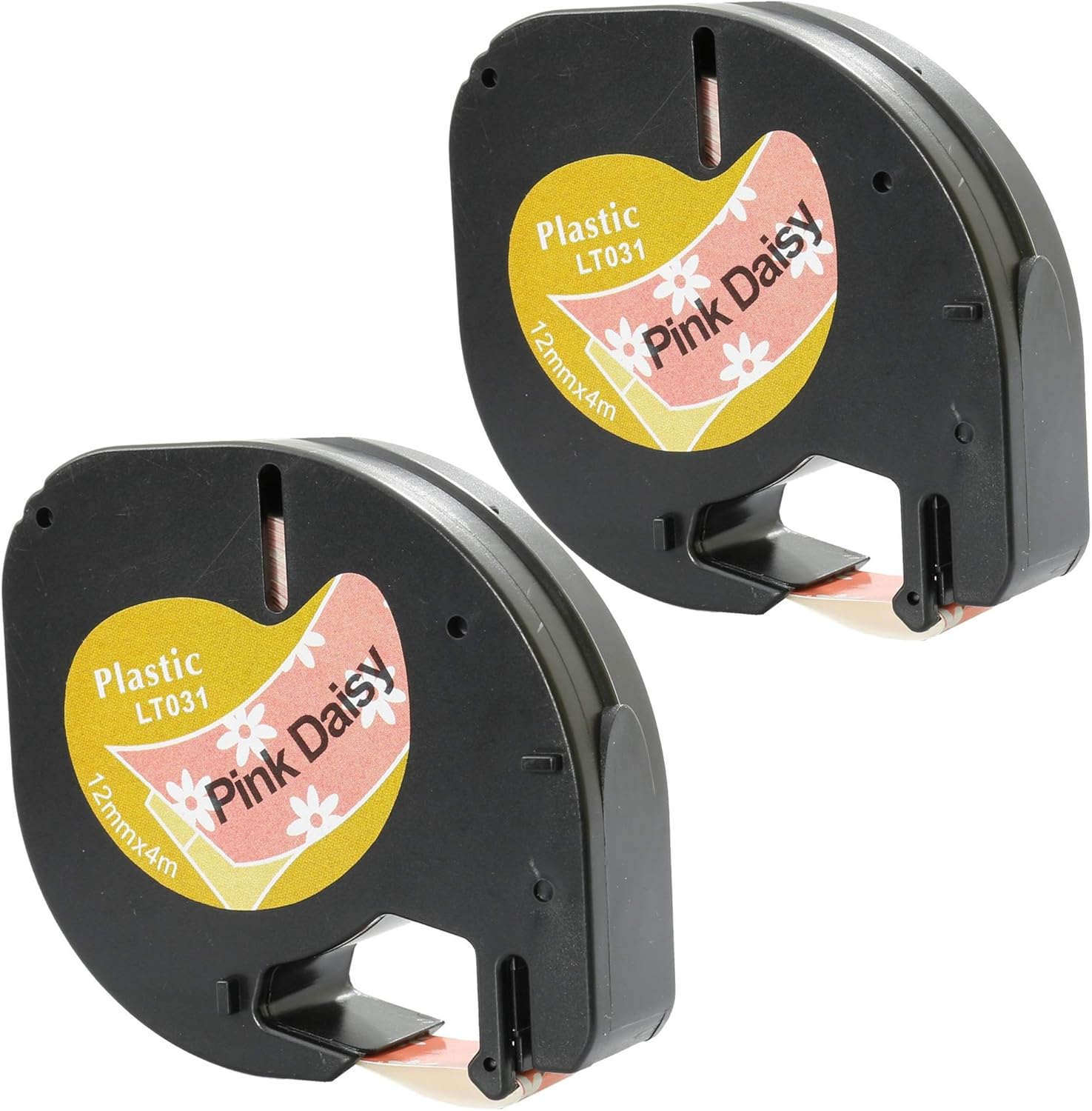 Cartridges Kingdom 2 x Plastic Labels 12mm x 4m Black on Pink Daisy