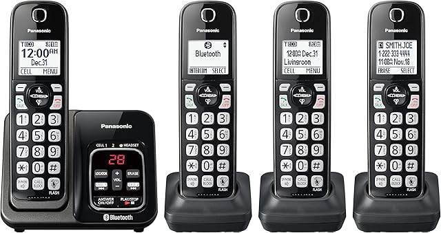 Panasonic Sistema de telefone sem fio expansível com Bluetooth Link2Cell, assistente de voz, máquina de atendimento e bloqueio de chamadas - 4 aparelhos sem fio - KX-TGD664M (preto metálico)