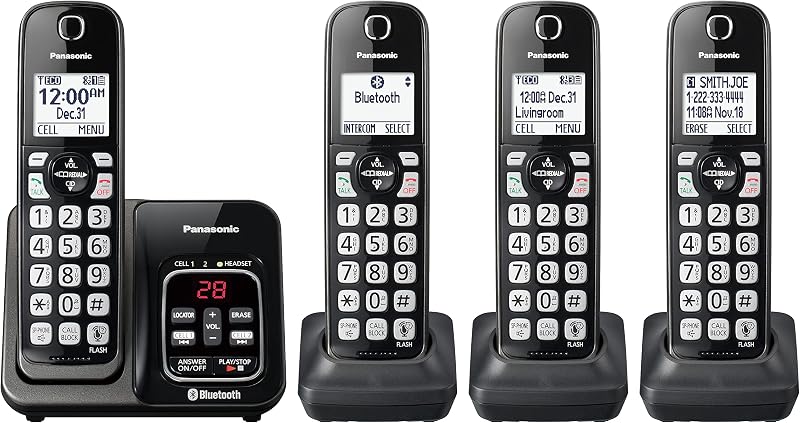Panasonic Sistema de teléfono inalámbrico expandible con Bluetooth Link2Cell, asistente de voz, contestador automático y bloqueo de llamadas - 4 teléfonos inalámbricos - KX-TGD664M (negro metálico)
