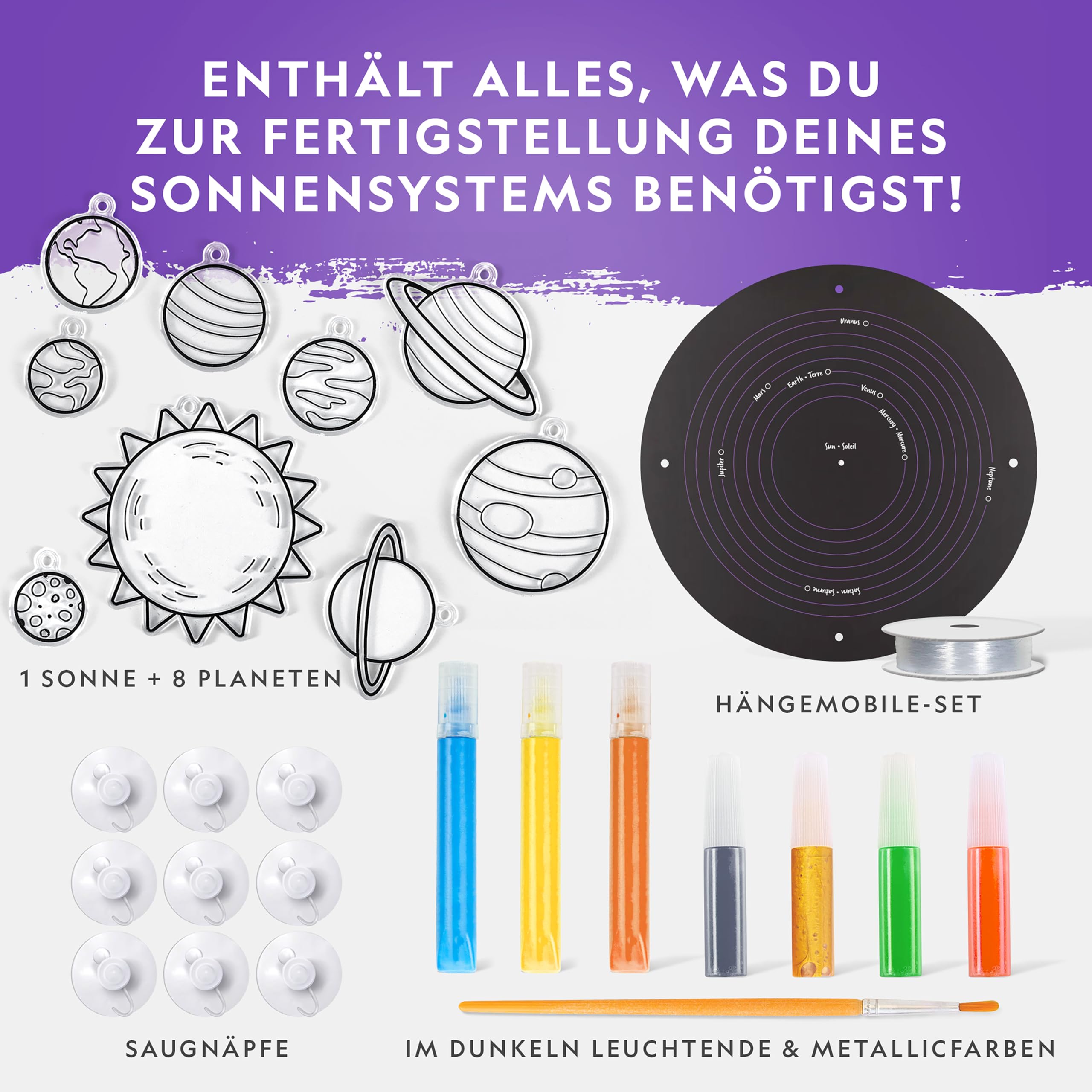 Blue Marble NATIONAL GEOGRAPHIC Fensterkunst-Kit für Kinder – Bastelset Sonnensystem im Glasmalerei-Stil mit leuchtenden Planeten, als Fensterbild oder Mobile für Decke & Weltraum-Deko verwenden