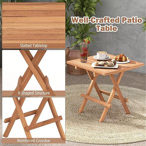 Miniatura 7 de Tangkula Mesa auxiliar plegable para patio, mesa auxiliar cuadrada de madera de teca con mesa de listones, marco de madera resistente en forma de X,