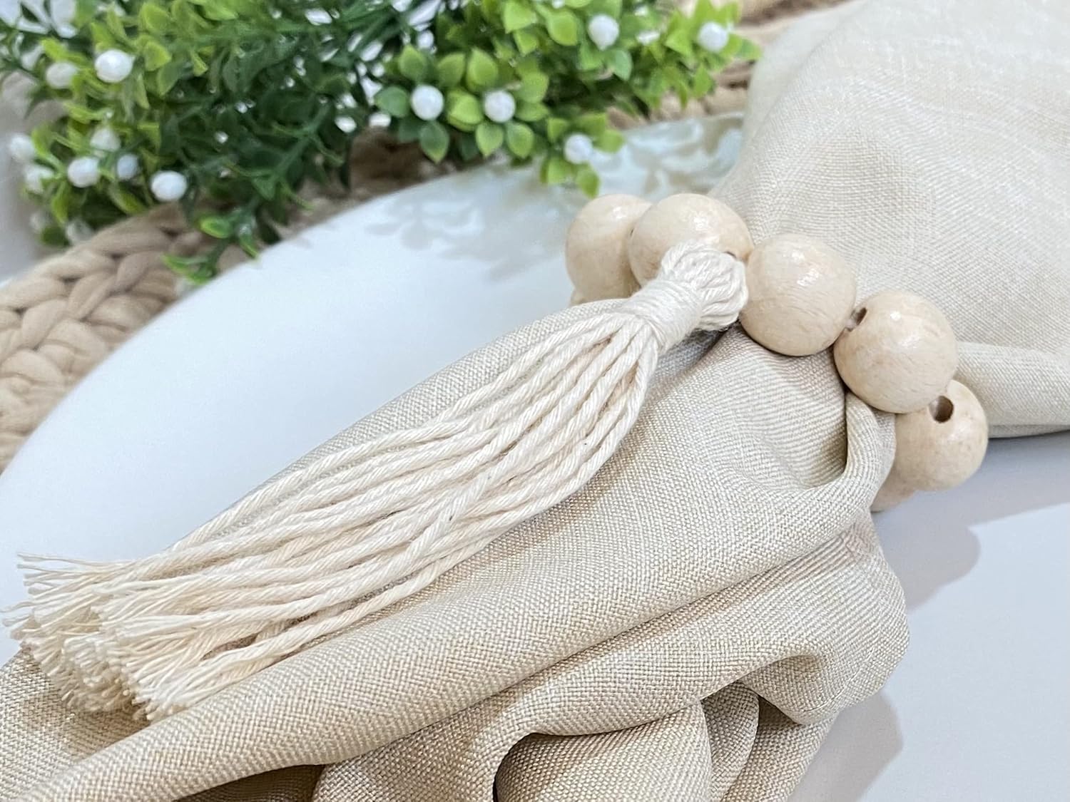 LEBEJUA Napkin Rings Set of 6 - Wood Bead Napkin Rings - Natural Rustic Wooden Napkin Holders for Tables - Handmade Wooden Beads Napkin Ring with Jute Twine - Natural Wood Rings Bulk : Home & Kitchen