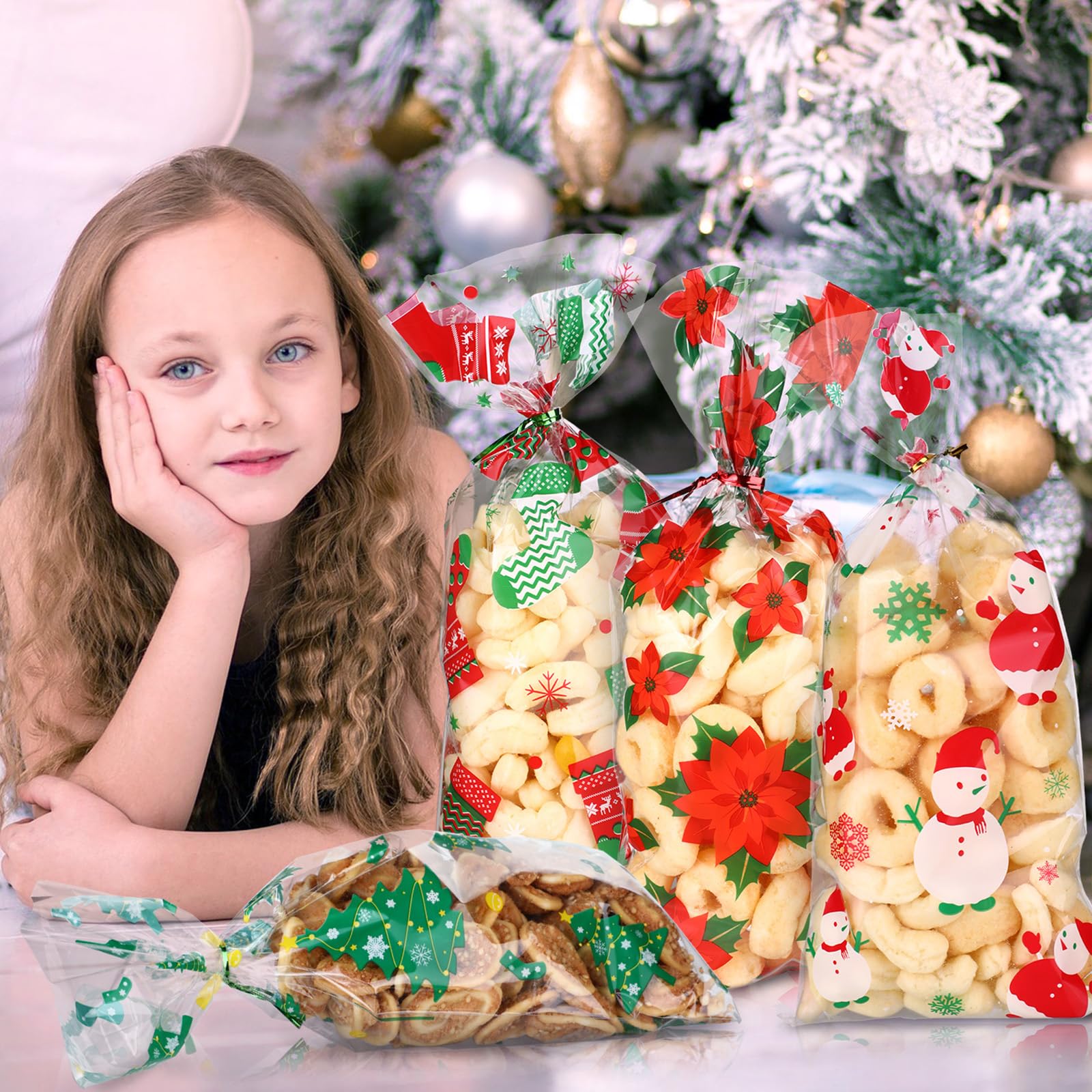 100 Stück Weihnachts-Zellophanbeutel Mit Bändern – 4 Designs, 12,7x27,9 Cm, Für Süßigkeiten & Geschenke