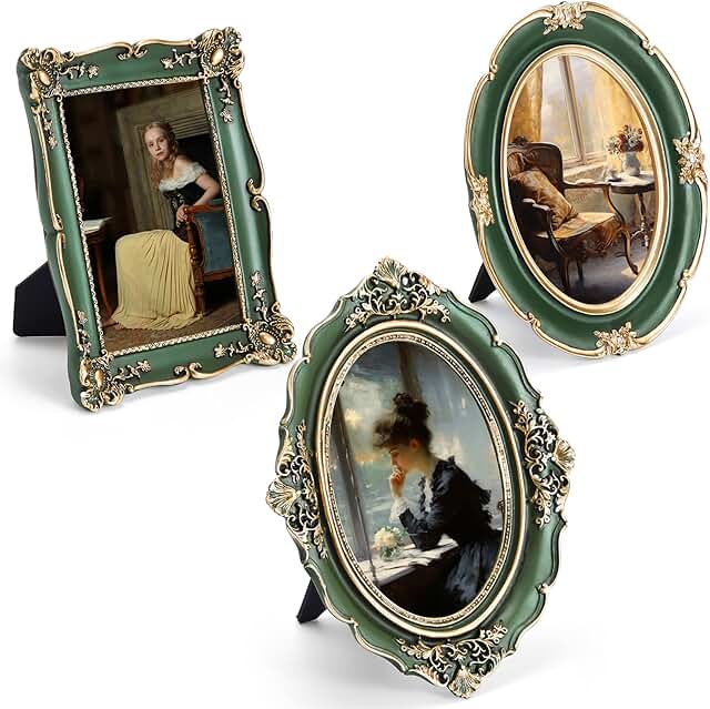 3 Pcs Green Vintage Picture Frame Set Antique Oval Picture Frames 4x6 an...