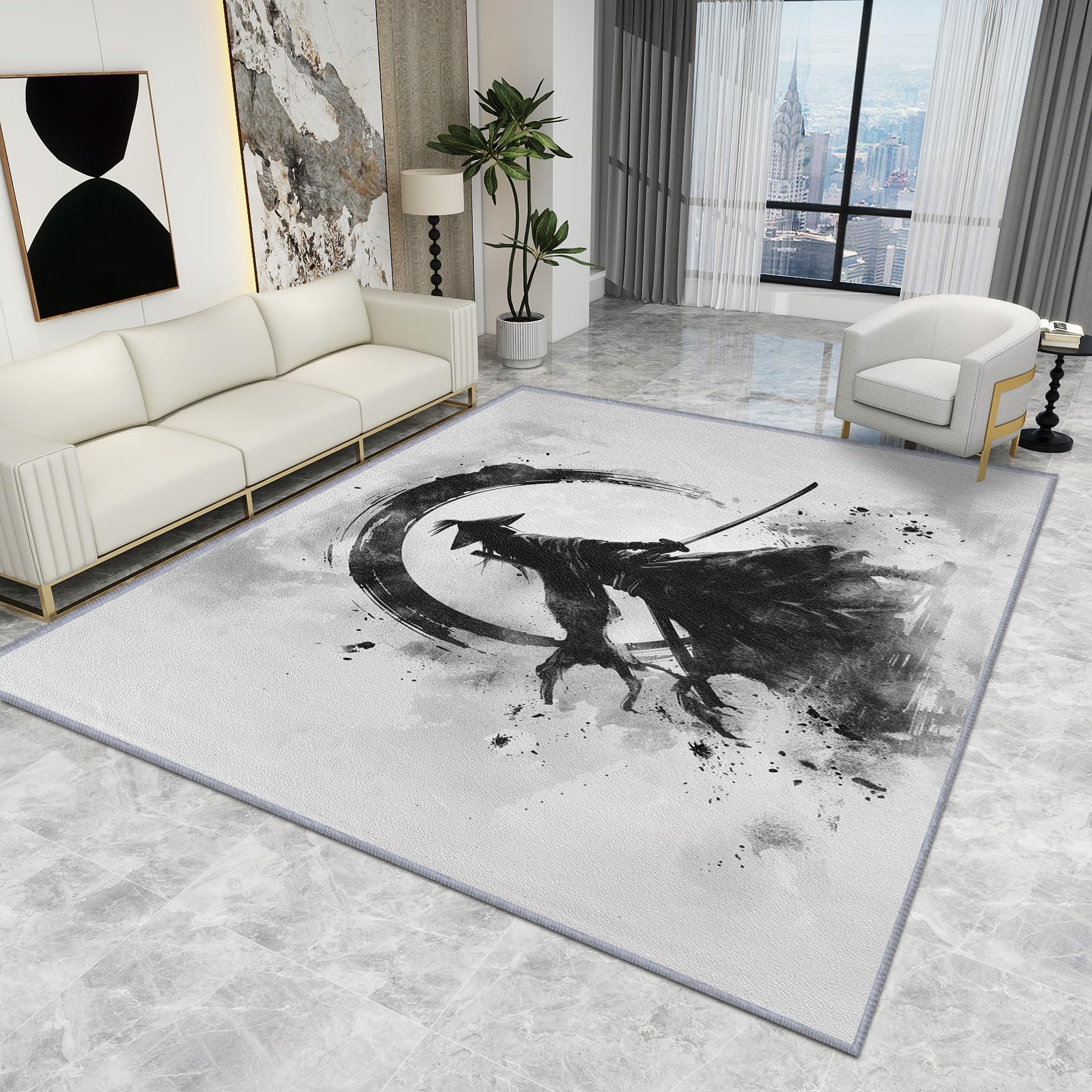 Large Japanese Rug - Samurai Rug - Warrior Ink Art Rugs, Zen Oriental Asian Carpet, Washable Rug Non Slip Low Pile Soft Small Area Rugs, Samurai Home Decor Gifts, 80 X 120 cm