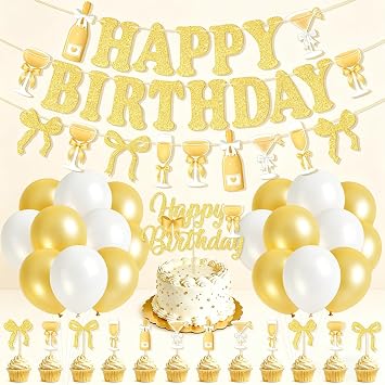 Gold Birthday Decorations,Bow and Martini Happy Birthday Party Banner Glitter Cake Cupcakes Topper Balloons for Gold Party Bridal Shower Martini Bar Birthday Party Supplies
