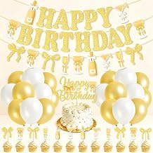 Gold Birthday Decorations,Bow and Martini Happy Birthday Party Banner Glitter Cake Cupcakes Topper Balloons for Gold Party Bridal Shower Martini Bar Birthday Party Supplies