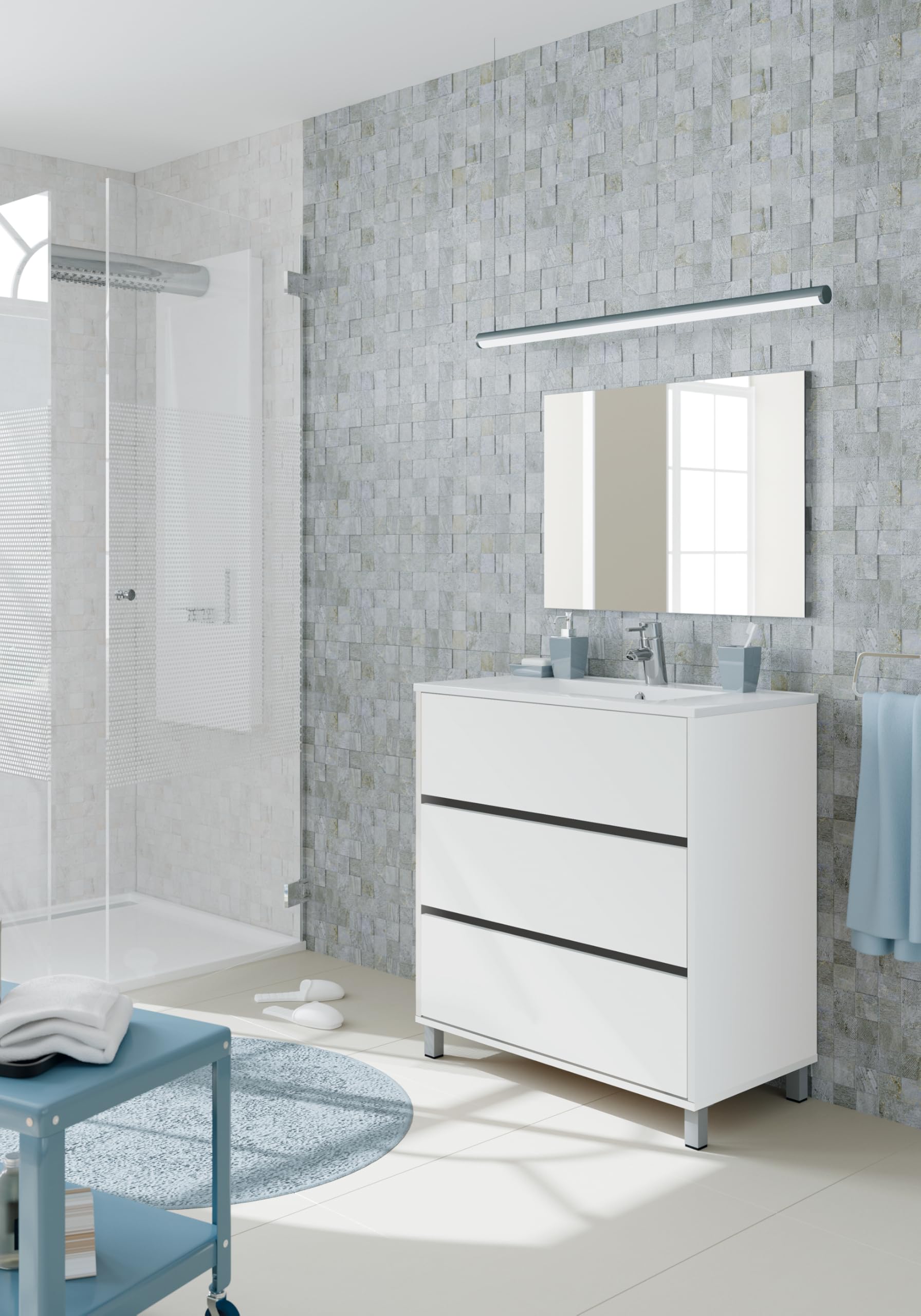MUEBLES PITARCH | Conjunto Mueble de Baño con Espejo Incluido, 3 Cajones, 80cm Ancho, con Patas, Roble Cambrian, para Lavabo encastrado, Estilo Moderno Modelo Kalma