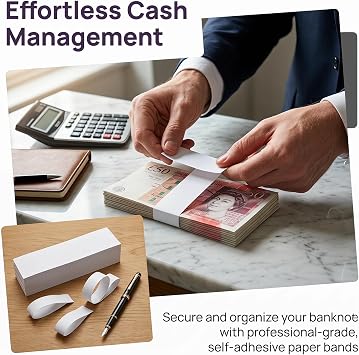 100PCS Money Bands for Notes UK, 19.2x2.9cm Self-Adhesive Cash Straps, Blank White Currency Bands for GBP EUR USD, Bank Note Wrappers for Organizing Cash