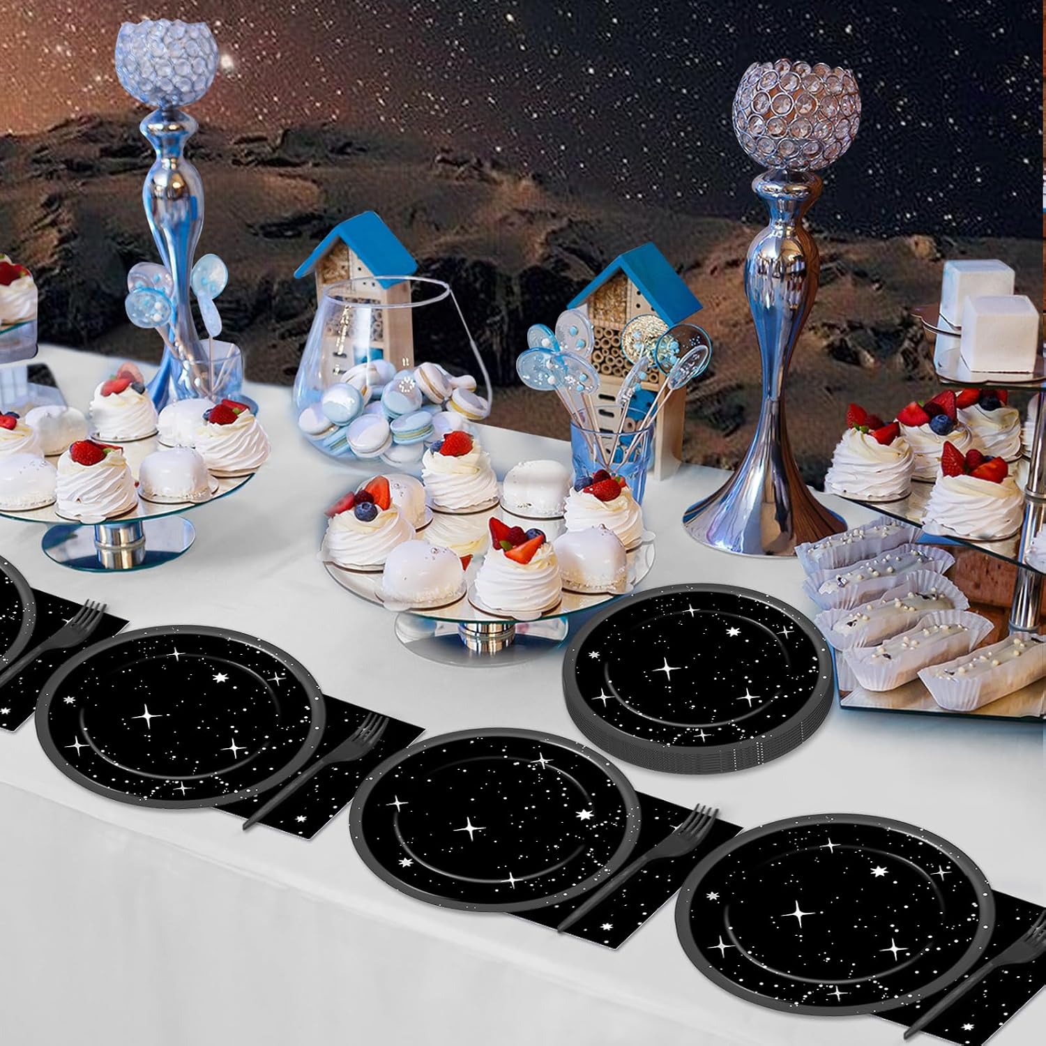 Qyeahkj 100Pcs Stars Birthday Party Decorations Galaxy Plates and Napkins Space Theme Paper Plate Supplies for Outer Spaces Disposable Tableware Set Baby Shower Night Sky Decor for 25 Guests
