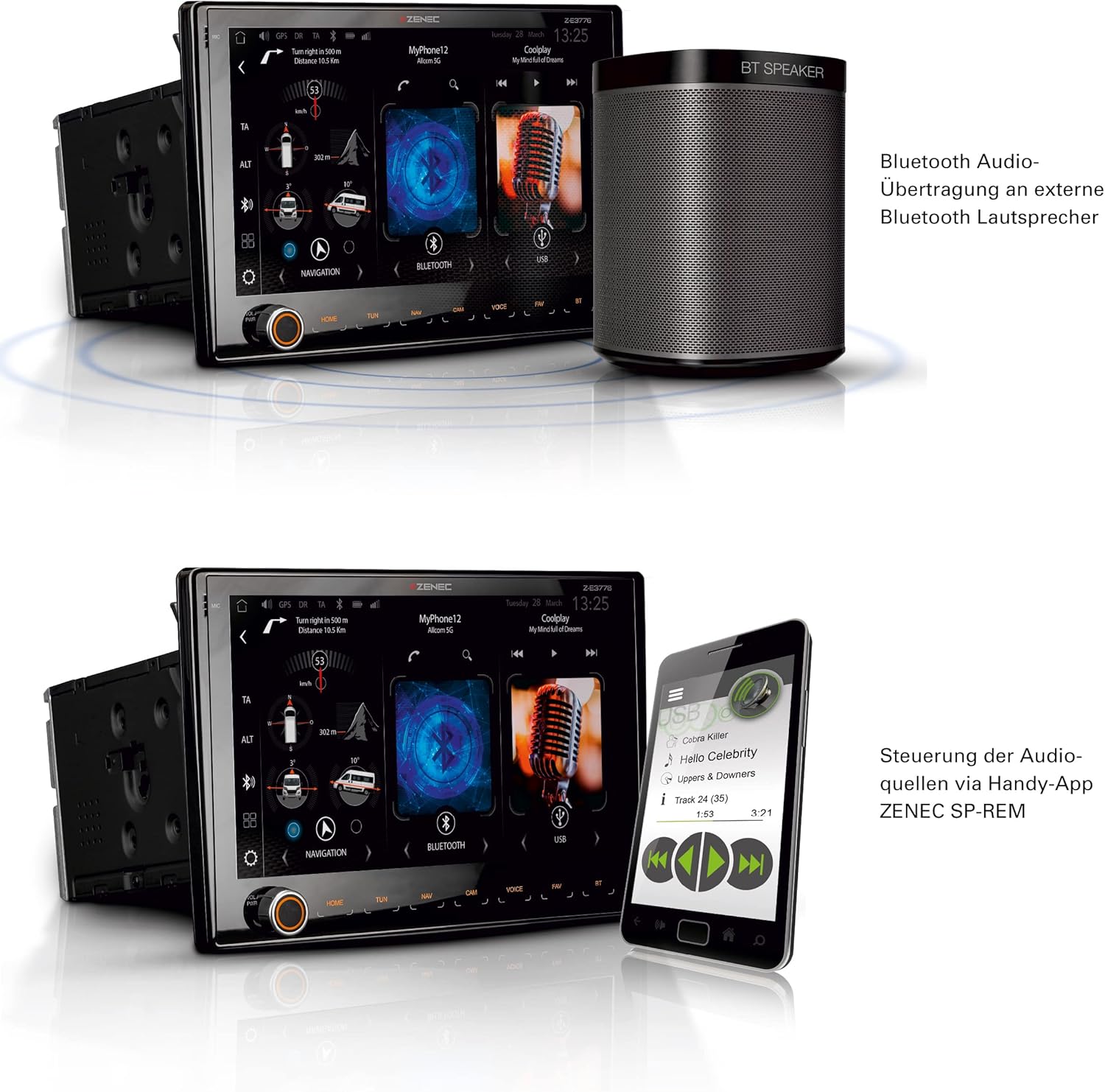 ZENEC Z-E3776 demonstrating BT-SRC mode, streaming audio to an external Bluetooth speaker.