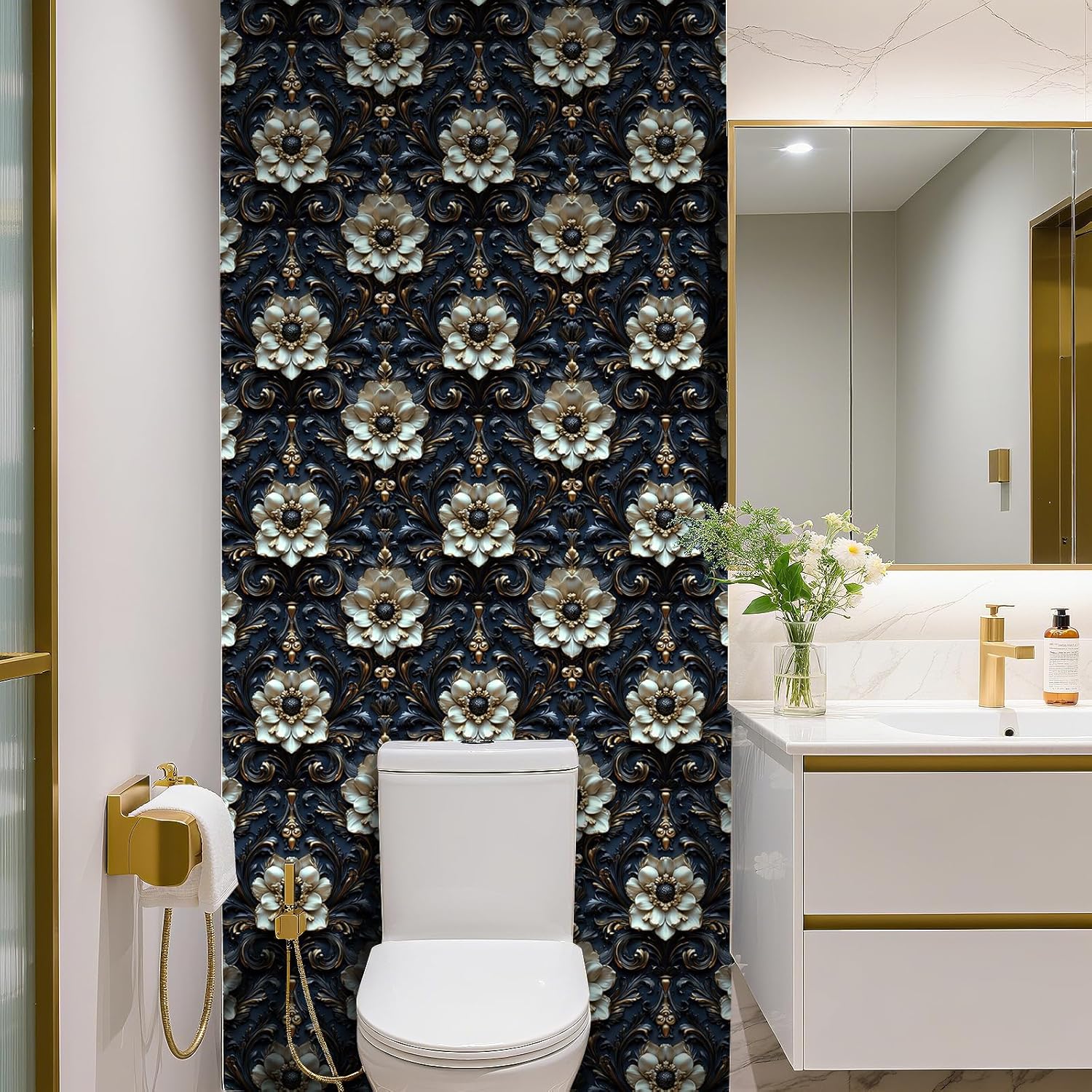 YENHOME Vintage Baroque Floral Wallpaper Luxury 3D Floral Peel and Stick Wallpaper for Bedroom Bathroom Ceiling 17.5"X 118" Removable Black Gold White Flower Contact Paper for Cabinets Shelves Walls