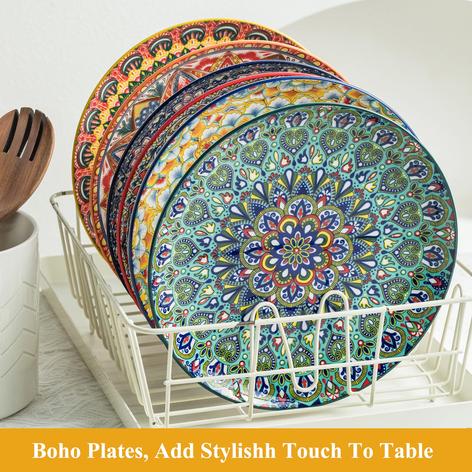 Juego de 6 platos llanos, platos grandes de ensalada de postre de 10.5 pulgadas para pasta, filetes, aperitivos, platos de porcelana colorida para servir cocina y fiesta, vajilla moderna -