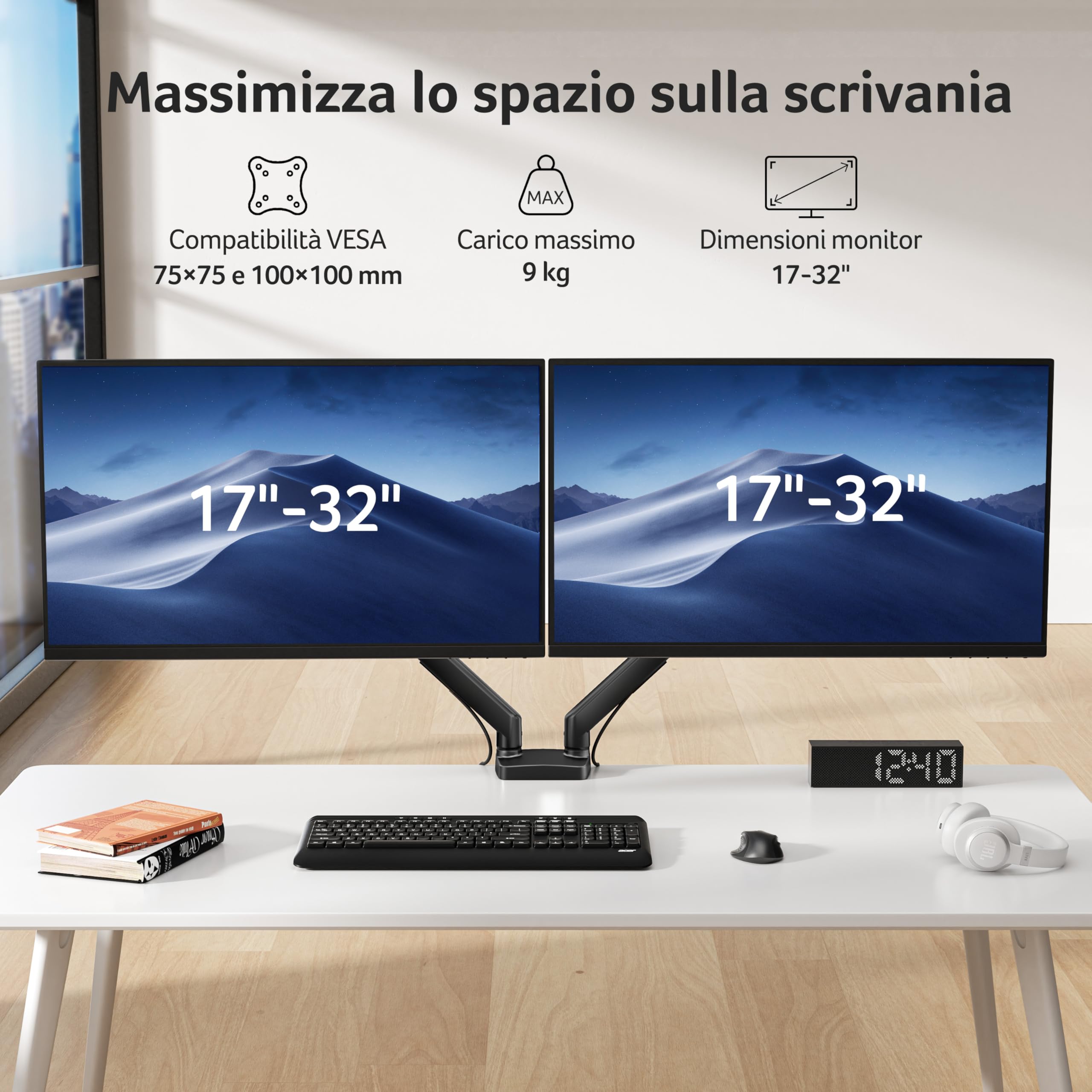 acer Braccio Monitor Doppio Supporto Schermi 17-32 Pollici, Supporto Monitor Scrivania con Molla a Gas, Regolabile in Altezza, Capacità di Carico 2-9 kg, VESA 75x75/100x100