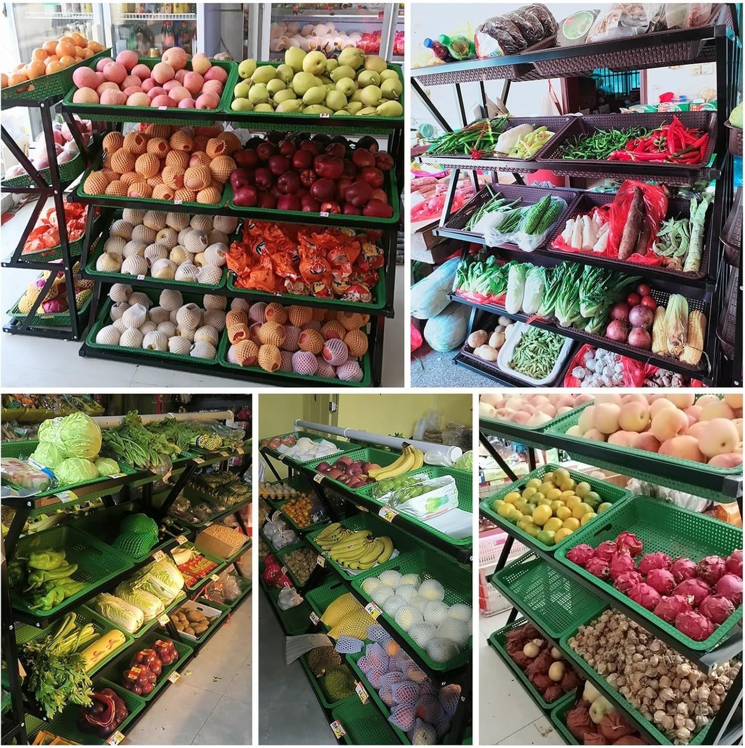 Espositore Commerciale a 5 Ripiani per Frutta e Verdura, Scaffalatura con Grande capacità per Caramelle, Snack e Prodotti Ortofrutticoli per Mercato e, Black, Double