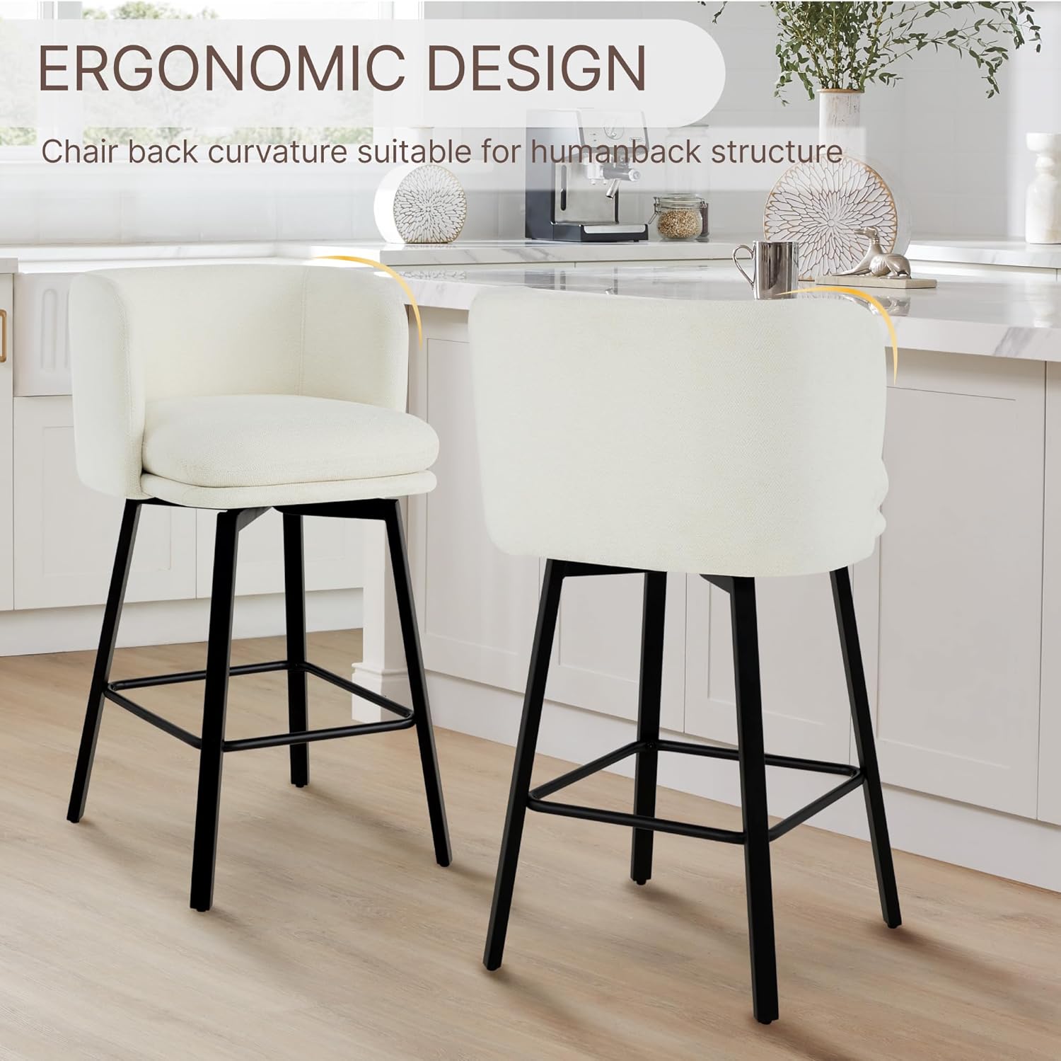 26" H Counter Height Swivel Bar Stools Set of 4, Barrel Counter Stools with Backrest, Linen Fabric Upholstered Barstools with Metal Legs for Kitchen Island,Beige