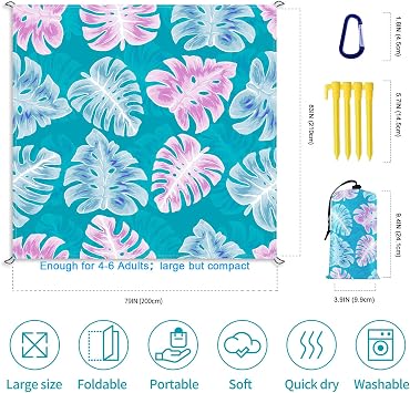 Sandproof Waterproof Beach Mat, 83 x 79, Ocean Blue, Compact, Polyester, Single Layered Blanket, Ideal for Beach, Camping, Hiking, Picnic