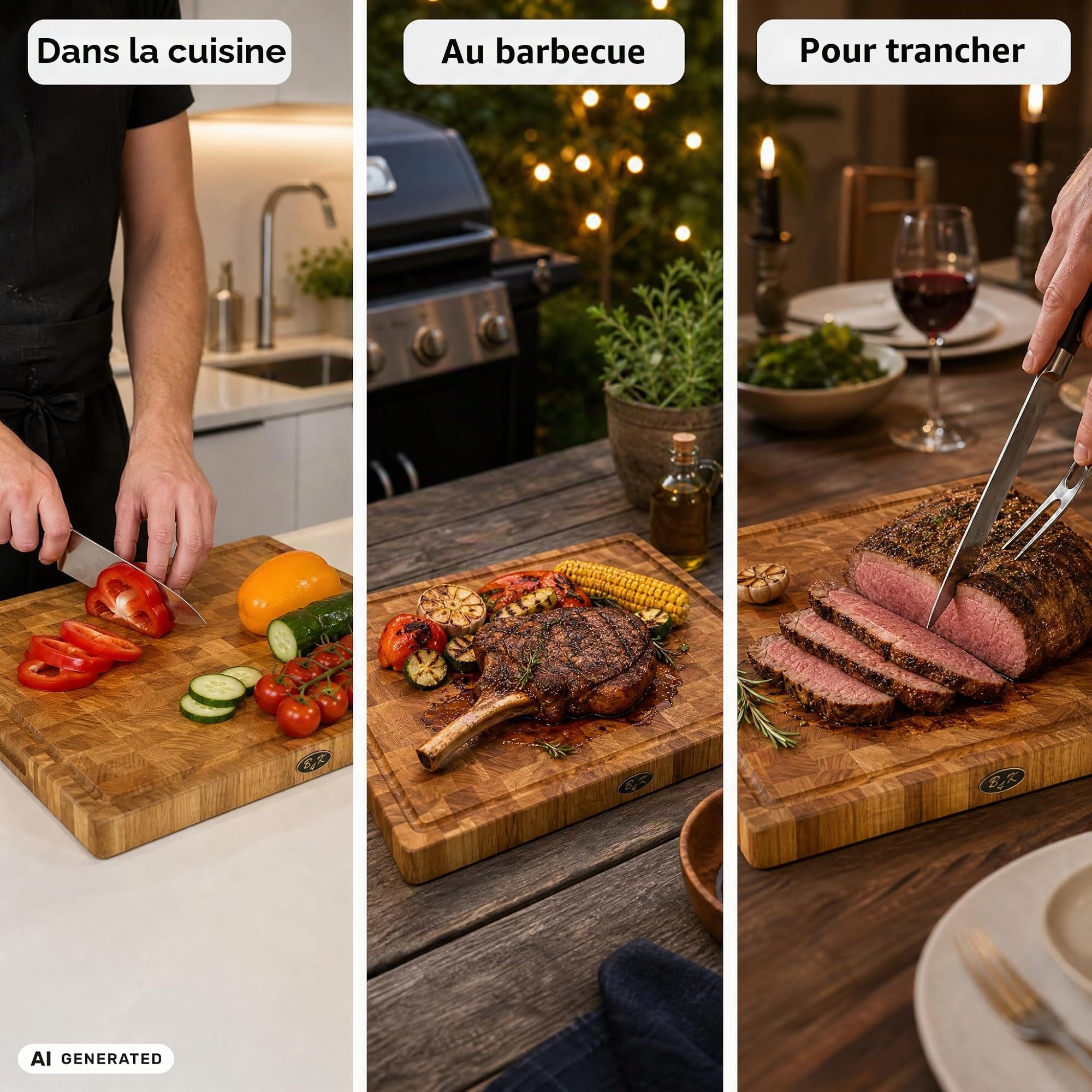 B4K® Planche à découper en chêne antibactérien - 50 × 35 × 4 cm - Bloc de hachage massif avec poignées, rainure à jus et pieds en silicone - Parfait pour la cuisine,