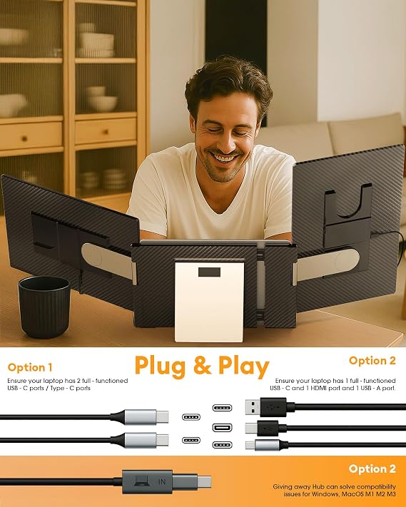 NGTeco 16 Triple Laptop Screen Extender, 1200P IPS Extended Monitor Portable, Plug & Play, Rotation Detachable Screen, Compatible with Windows/Mac/Chrome OS